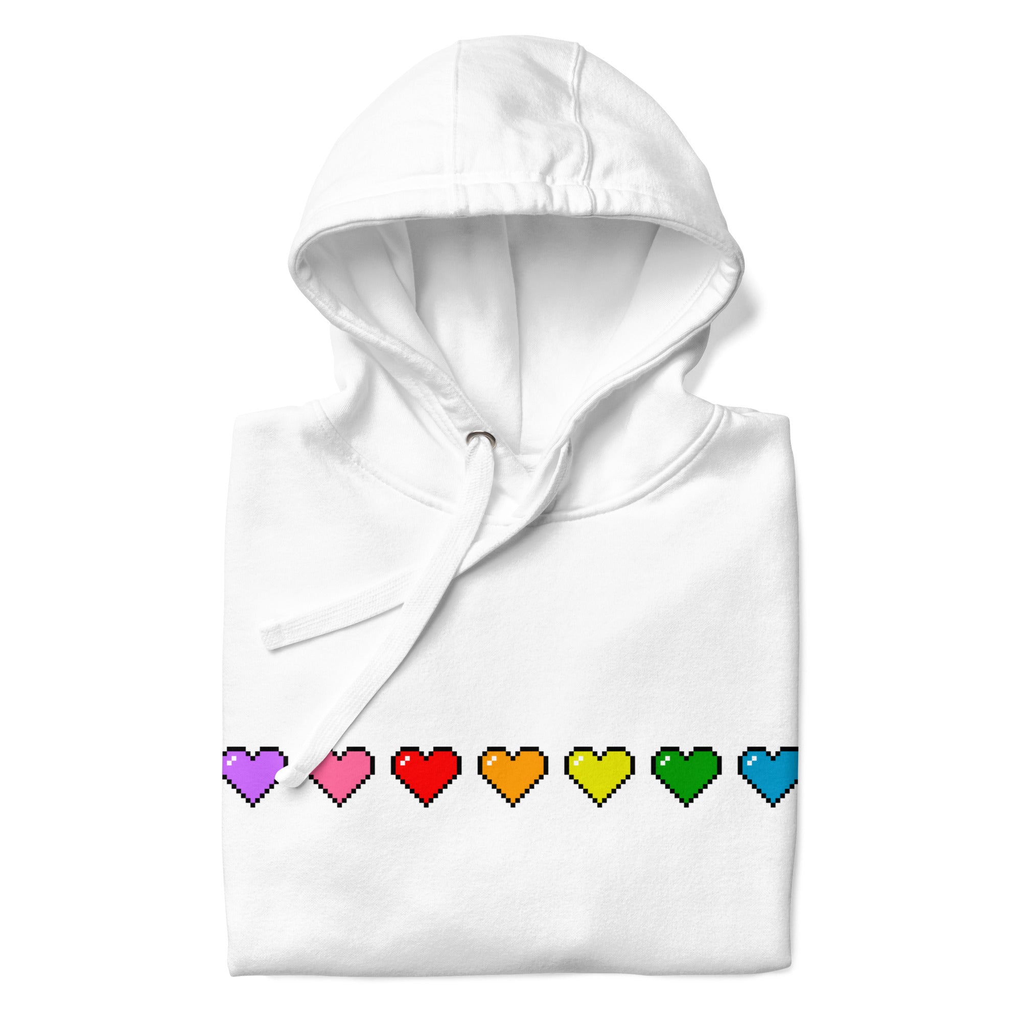 Introducing the Pixel Hearts Hoodie by Pridelity: This white hoodie showcases a row of pixelated hearts in vibrant rainbow colors—purple, pink, red, orange, yellow, green, and blue—across the chest, capturing the lively essence of pride shirts. It is designed with a convenient front pocket and a drawstring hood for added style and comfort.