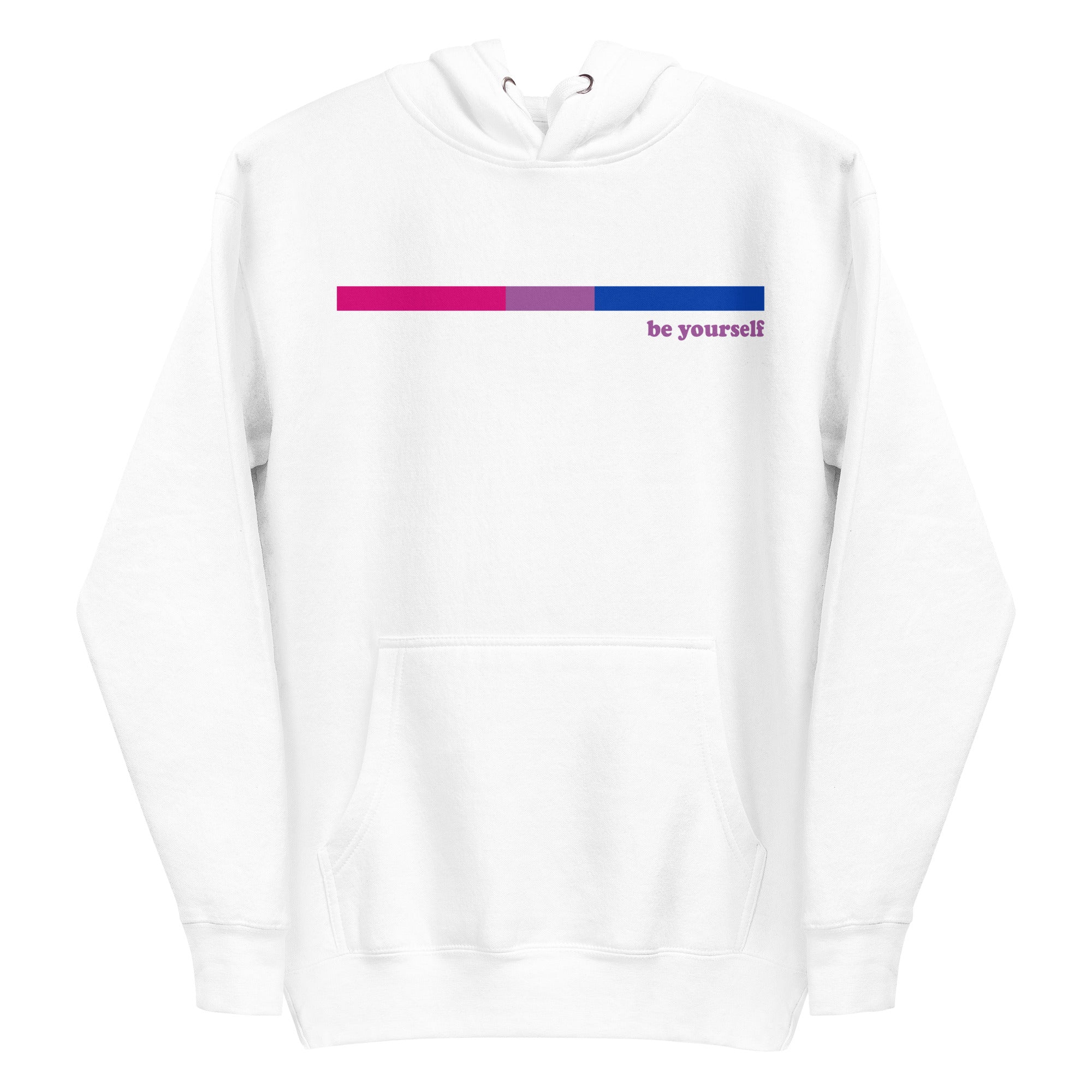 The Bisexual Hoodie by Pridelity features a minimalist design on a black background, showcasing a small horizontal bar in shades of pink, purple, and blue on the chest. Next to the bar, the subtle text 