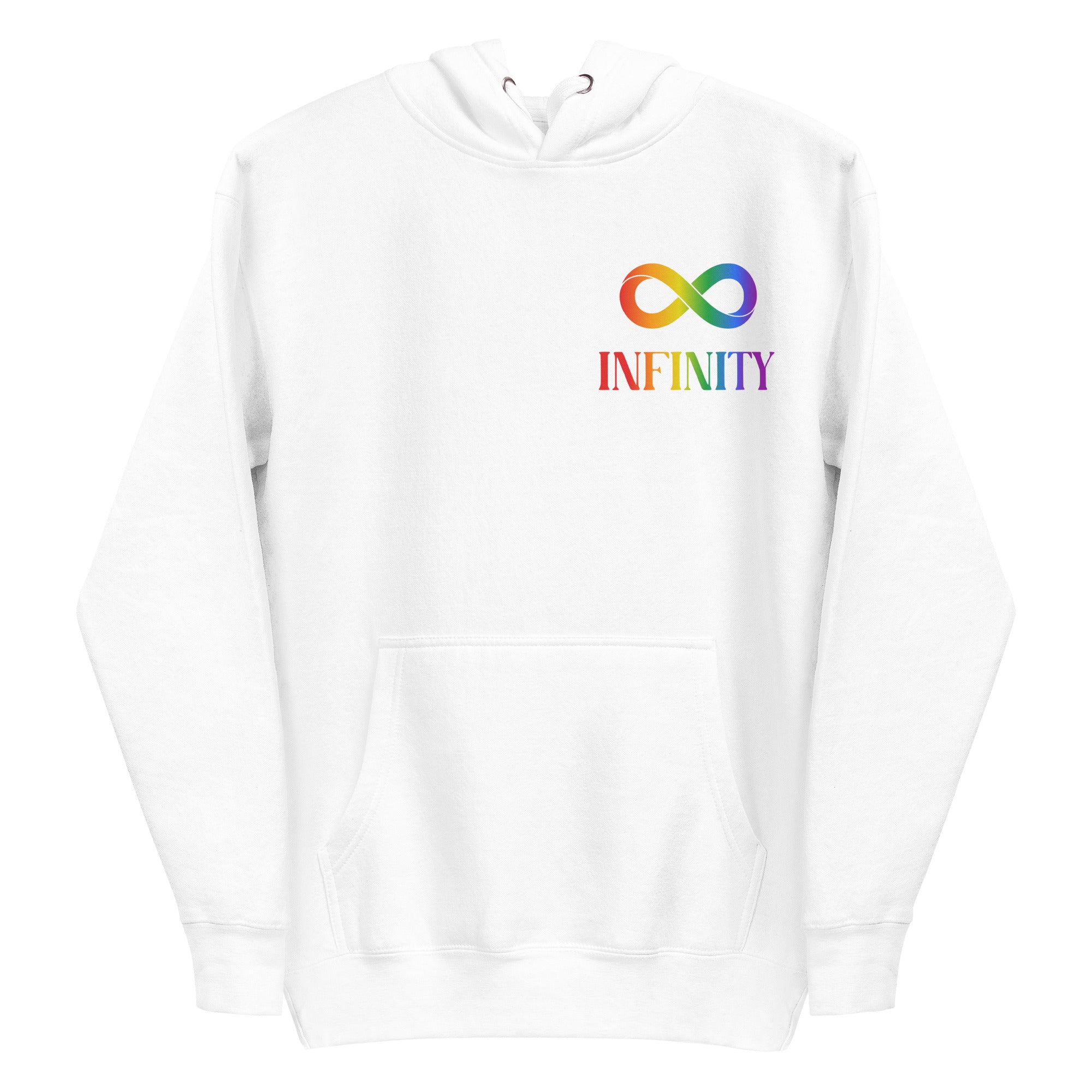 Introducing the Infinity Hoodie by Pridelity, a black hoodie adorned with a vibrant gradient rainbow infinity symbol and the word 