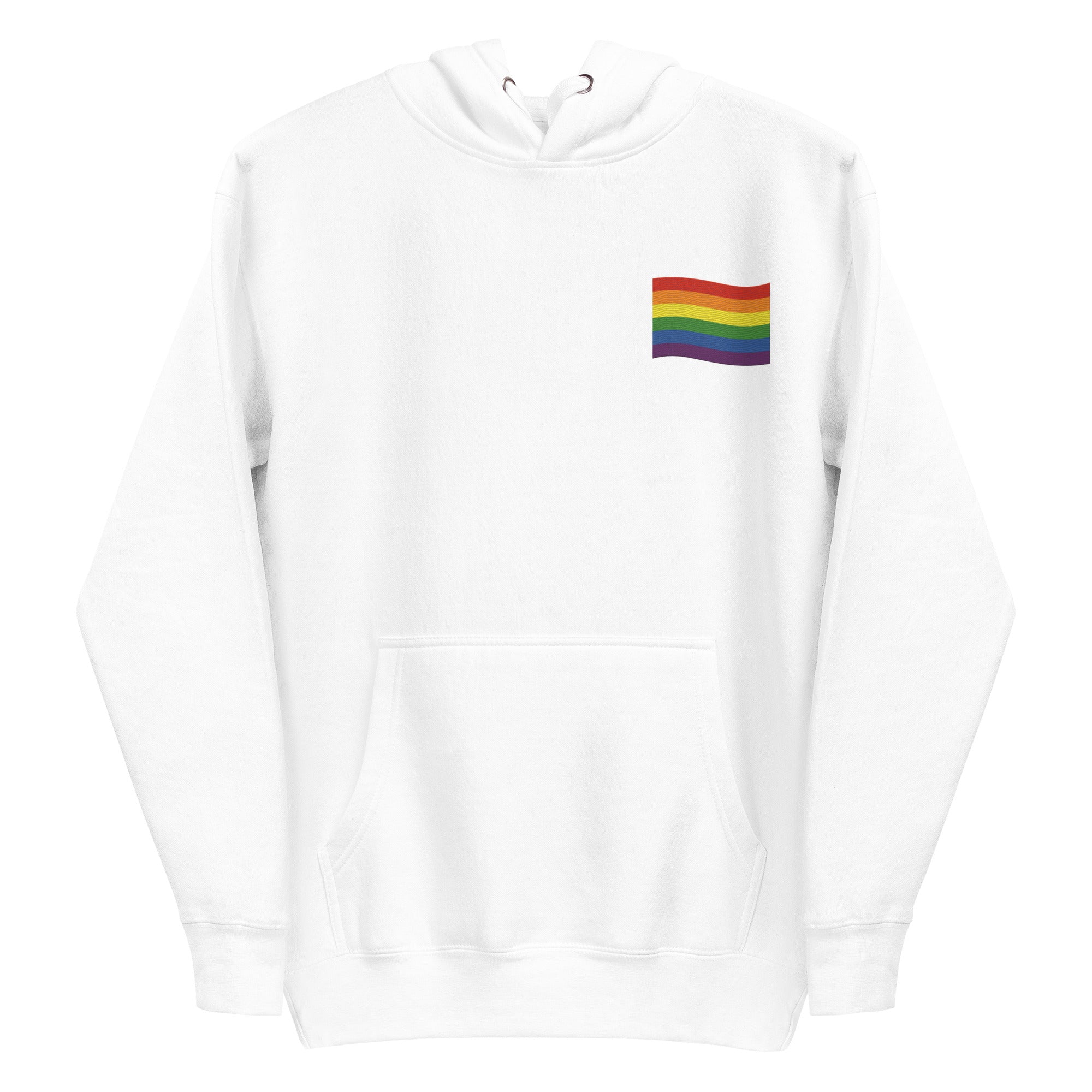 The Pride Flag Hoodie by Pridelity is a stylish white hoodie featuring a small rainbow flag design on the chest, ideal for pairing with pride shirts. It includes a front pocket and drawstring hood, showcasing vibrant horizontal stripes of red, orange, yellow, green, blue, and purple on the rainbow flag.