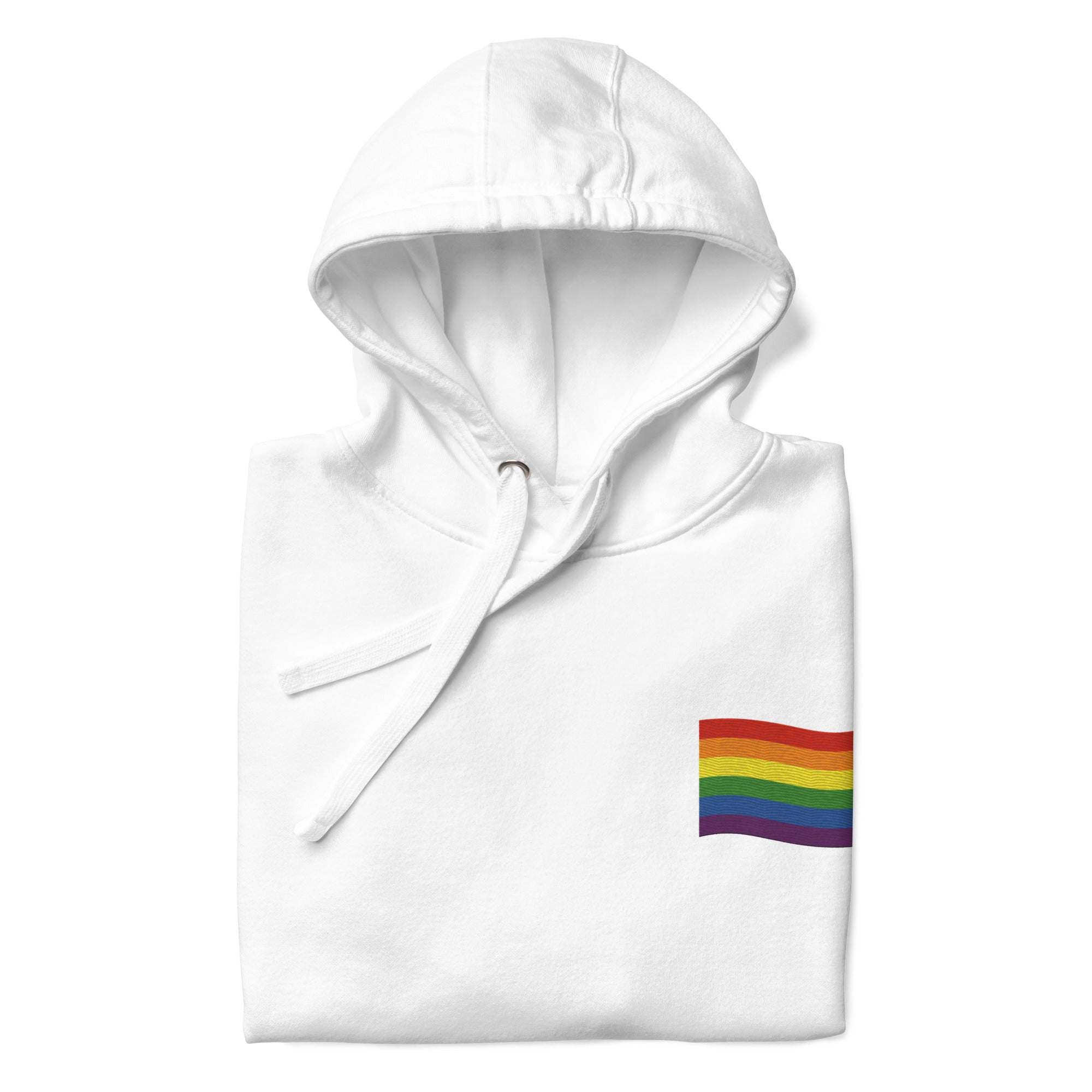 The Pride Flag Hoodie by Pridelity is a stylish white hoodie featuring a small rainbow flag design on the chest, ideal for pairing with pride shirts. It includes a front pocket and drawstring hood, showcasing vibrant horizontal stripes of red, orange, yellow, green, blue, and purple on the rainbow flag.