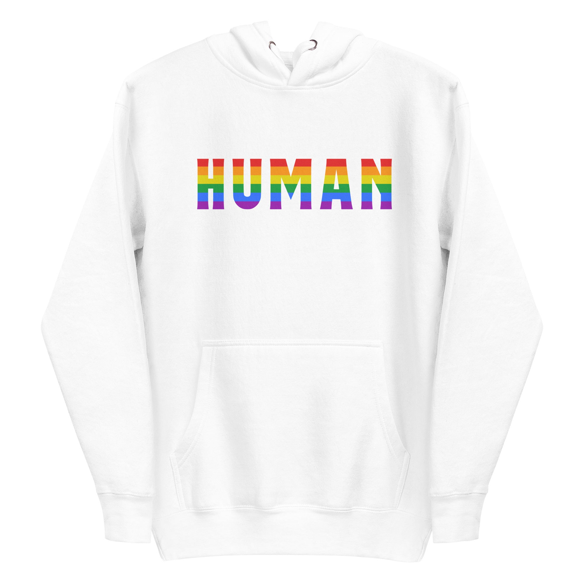 A folded Human Hoodie by Pridelity, featuring the word 