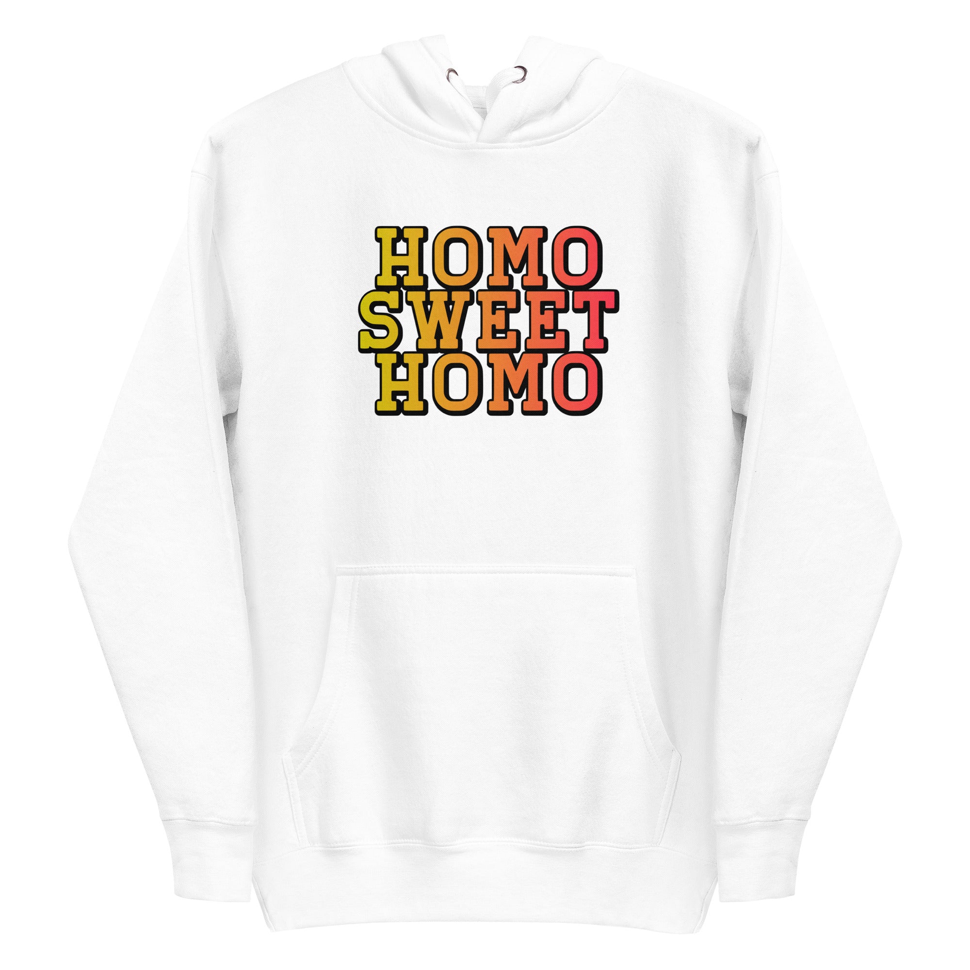 A carbon grey *Homo Sweet Homo* hoodie by Pridelity featuring bold, multicolored lettering on the front.