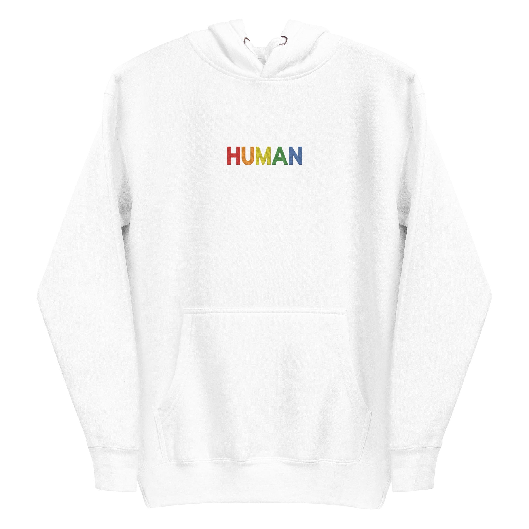 A folded Pridelity Human Hoodie, showcasing a crisp white design with 