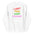 The "I Can't Even Think Straight" hoodie by Pridelity is a white pride hoodie that showcases vertically stacked colorful text in shades of red, orange, yellow, green, and pink. It includes a front pocket and drawstrings for added comfort.