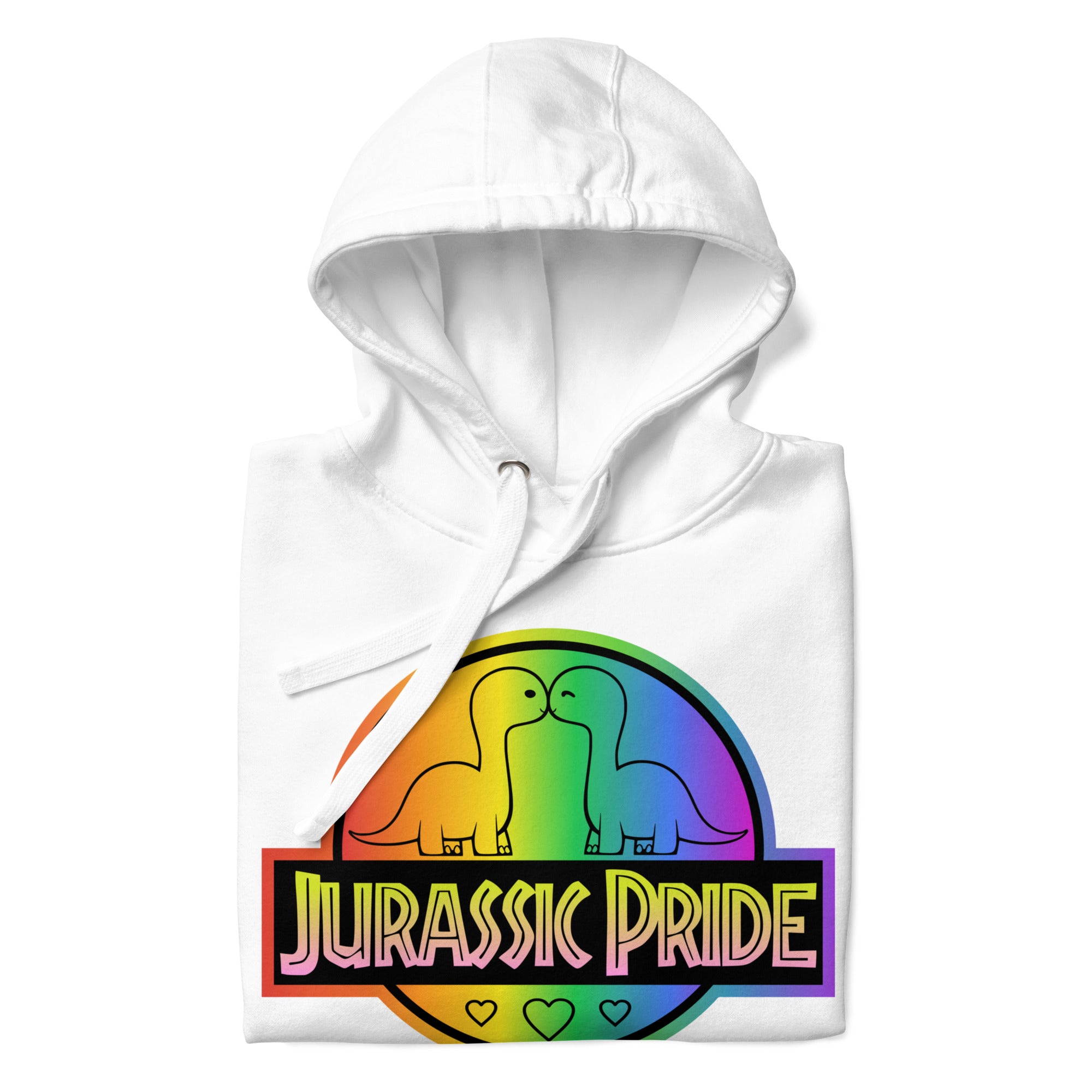 The Jurassic Pride Hoodie by Pridelity showcases a vibrant design featuring two cartoon dinosaurs facing each other inside a rainbow circle. The bold 