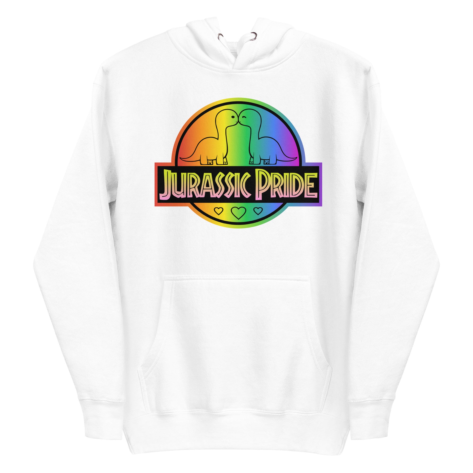 The Jurassic Pride Hoodie by Pridelity showcases a vibrant design featuring two cartoon dinosaurs facing each other inside a rainbow circle. The bold 