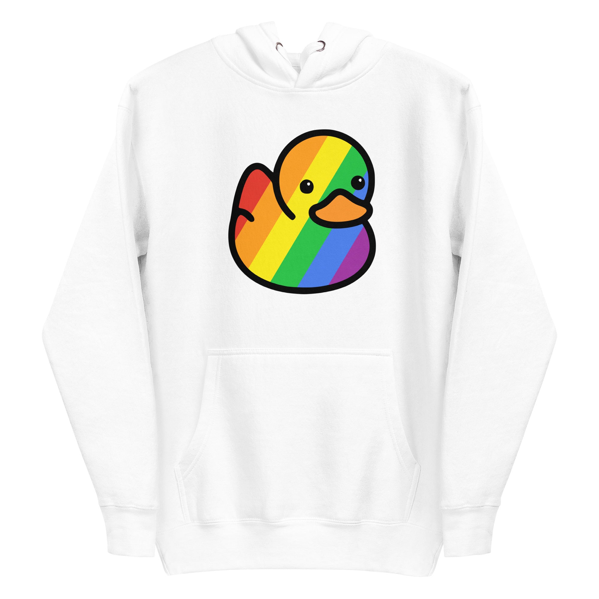 The Pride Duck Hoodie by Pridelity beautifully captures the essence of pride with a cartoon duck adorned in a vibrant rainbow pattern. The simple and cute expression of the duck adds an extra touch of charm, while the white hoodie offers both comfort and style with its drawstring hood and front pocket, making it an ideal piece for your pride shirts collection.