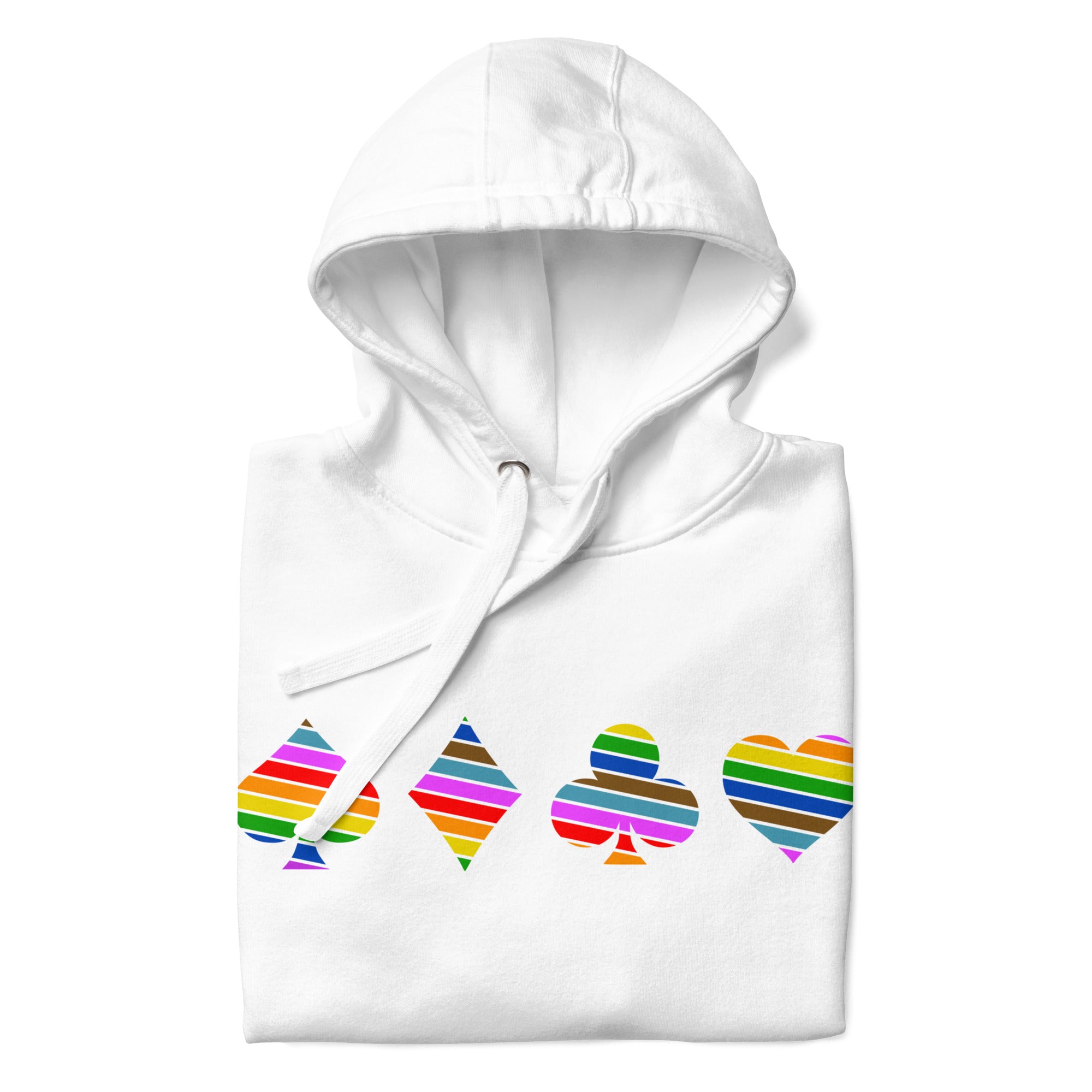 The Deck of Pride Hoodie by Pridelity, in a crisp white shade, showcases four playing card suit symbols: spade, diamond, club, and heart. Each symbol is embellished with vivid horizontal stripes. When laid flat with the hood up, it becomes a lively addition to your Pride merchandise collection.