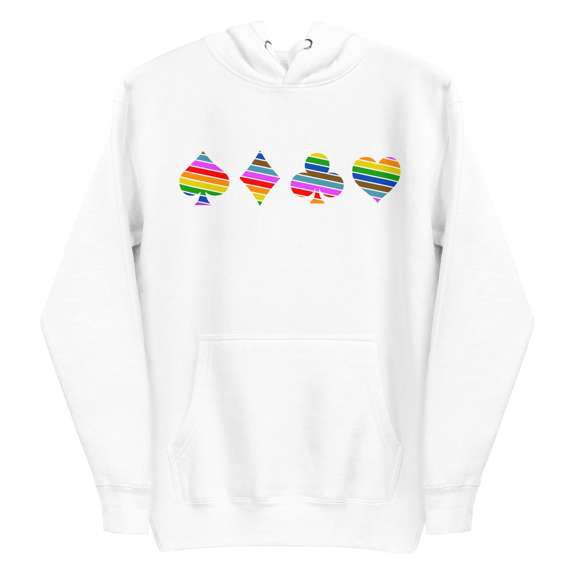 The Deck of Pride Hoodie by Pridelity, in a crisp white shade, showcases four playing card suit symbols: spade, diamond, club, and heart. Each symbol is embellished with vivid horizontal stripes. When laid flat with the hood up, it becomes a lively addition to your Pride merchandise collection.