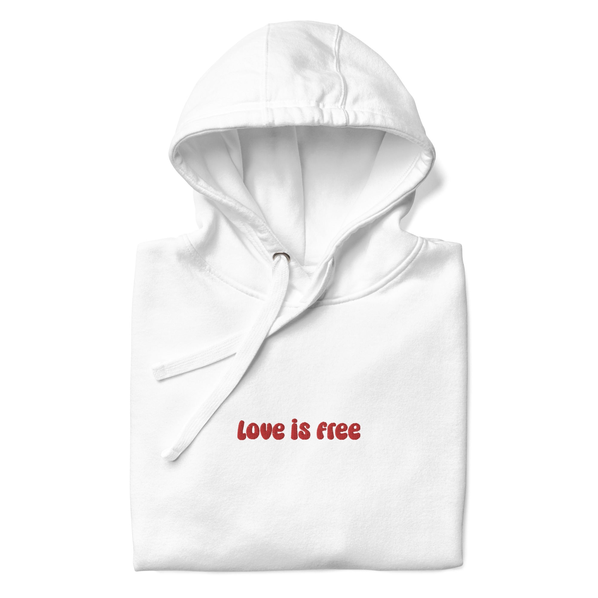 The Love Is Free Hoodie by Pridelity captures the essence of pride shirts with its folded design, featuring a hood and drawstrings, and proudly showcases the message 