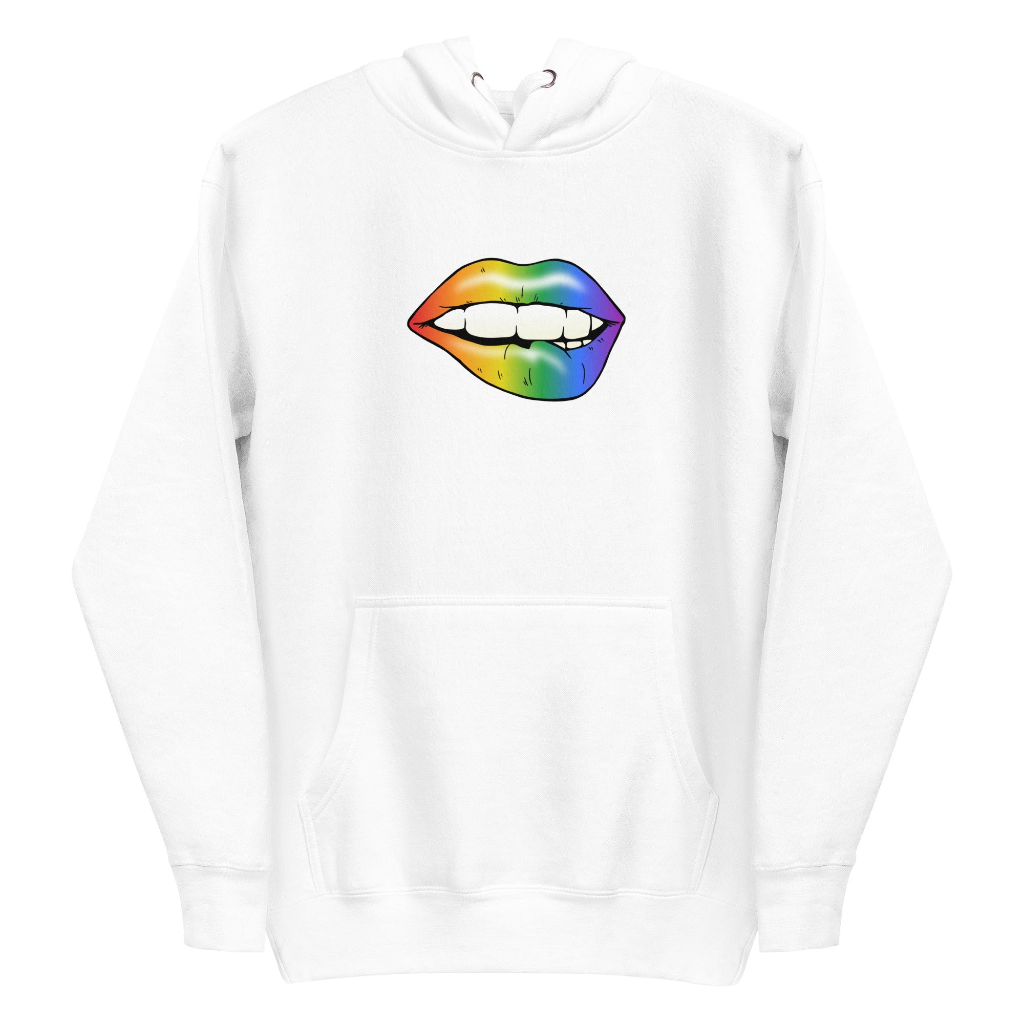 The Flirty Lips Hoodie from Pridelity is a black pride sweatshirt that showcases a design of lips playfully biting the lower lip, adorned with a striking rainbow gradient.