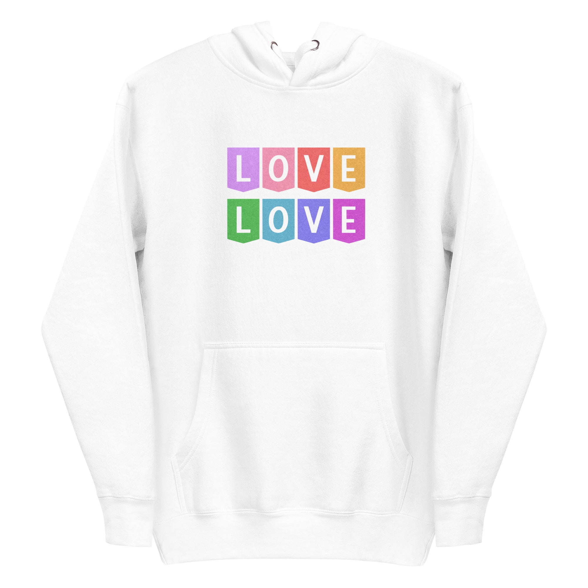 The Pridelity Love Love Hoodie is a white hoodie showcasing a colorful block design on the chest, with the word 