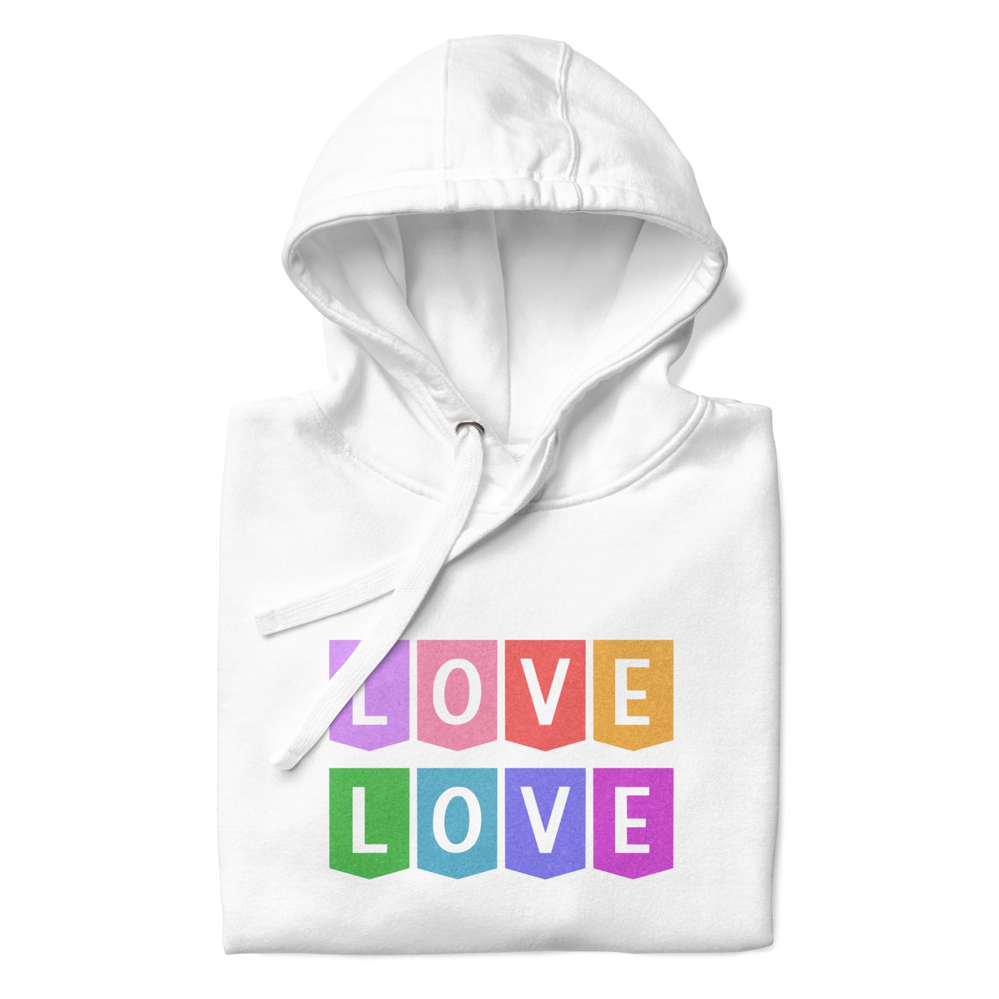 The Pridelity Love Love Hoodie is a white hoodie showcasing a colorful block design on the chest, with the word 