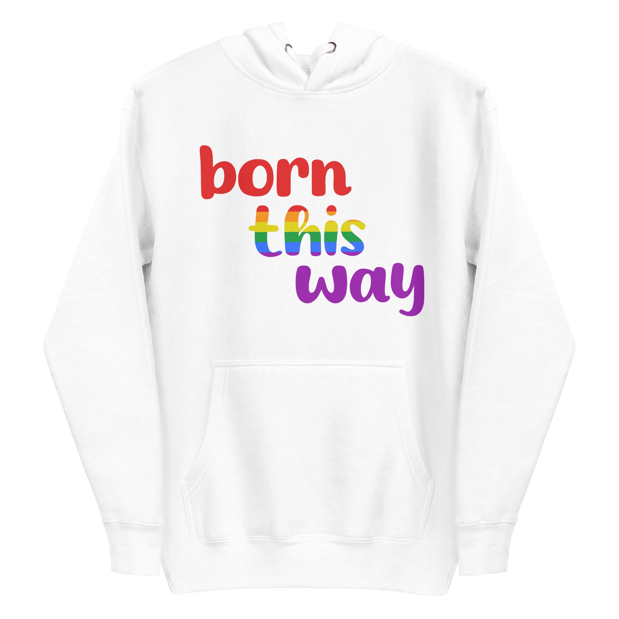 The Born This Way Hoodie by Pridelity is a standout piece in our Pride Merch. It features bold lettering on the front, with 