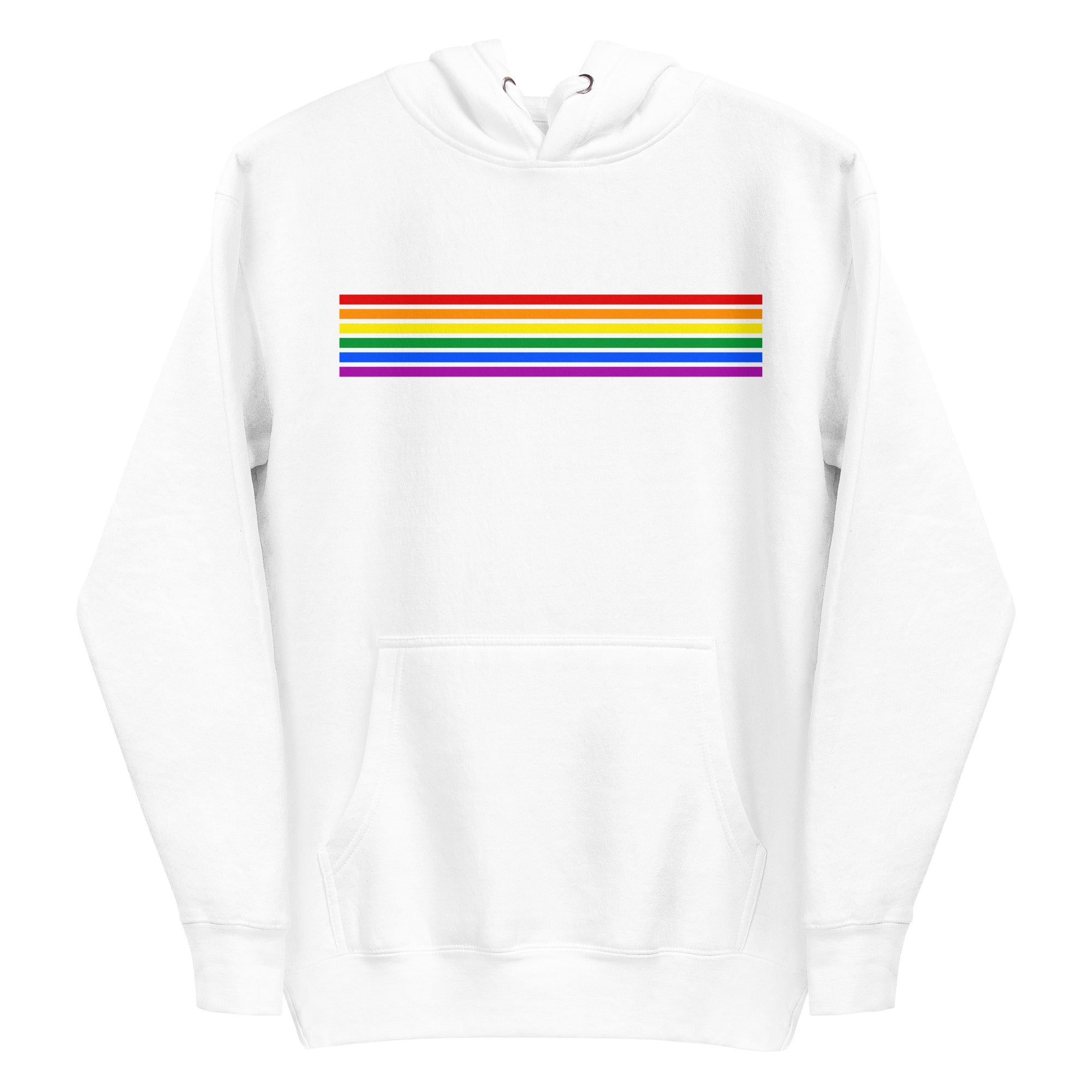 Presenting the Rainbow Stripes Hoodie from Pridelity: This black hoodie boasts a striking horizontal rainbow stripe across the chest, highlighting vibrant hues such as red, orange, yellow, green, blue, and purple. Created to honor the LGBTQ+ community, it also features a front pocket and adjustable drawstrings for comfort and style.