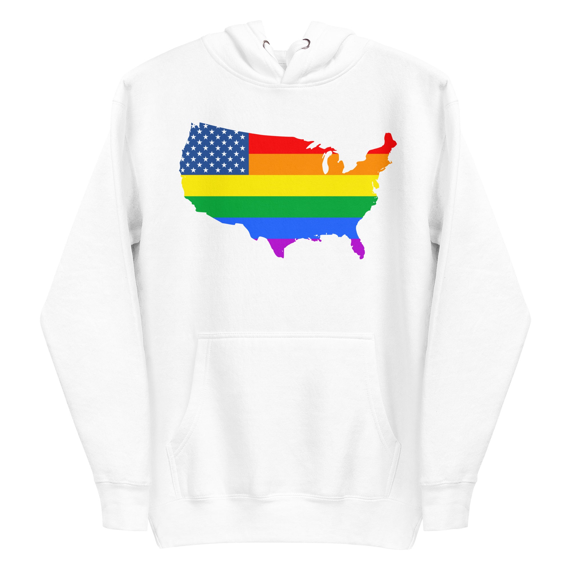 The US Map Pride Hoodie by Pridelity, in a sky blue color, showcases the United States map adorned with an American flag design that transitions into rainbow stripes, representing LGBTQ+ pride.