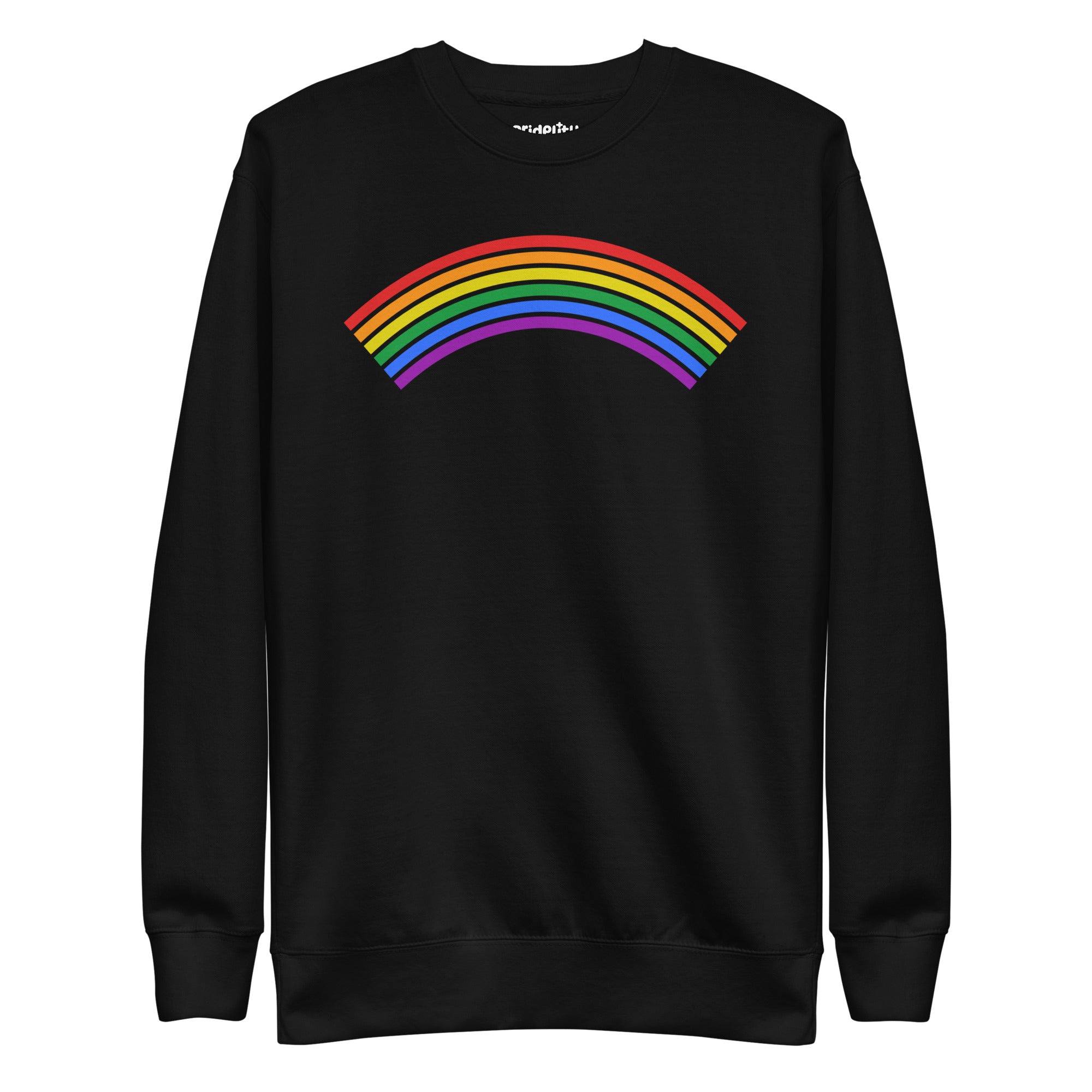 Black Rainbow Sweatshirt by Pridelity from the pride collection, showcasing a vibrant rainbow graphic on the front with red, orange, yellow, green, blue, and purple stripes.