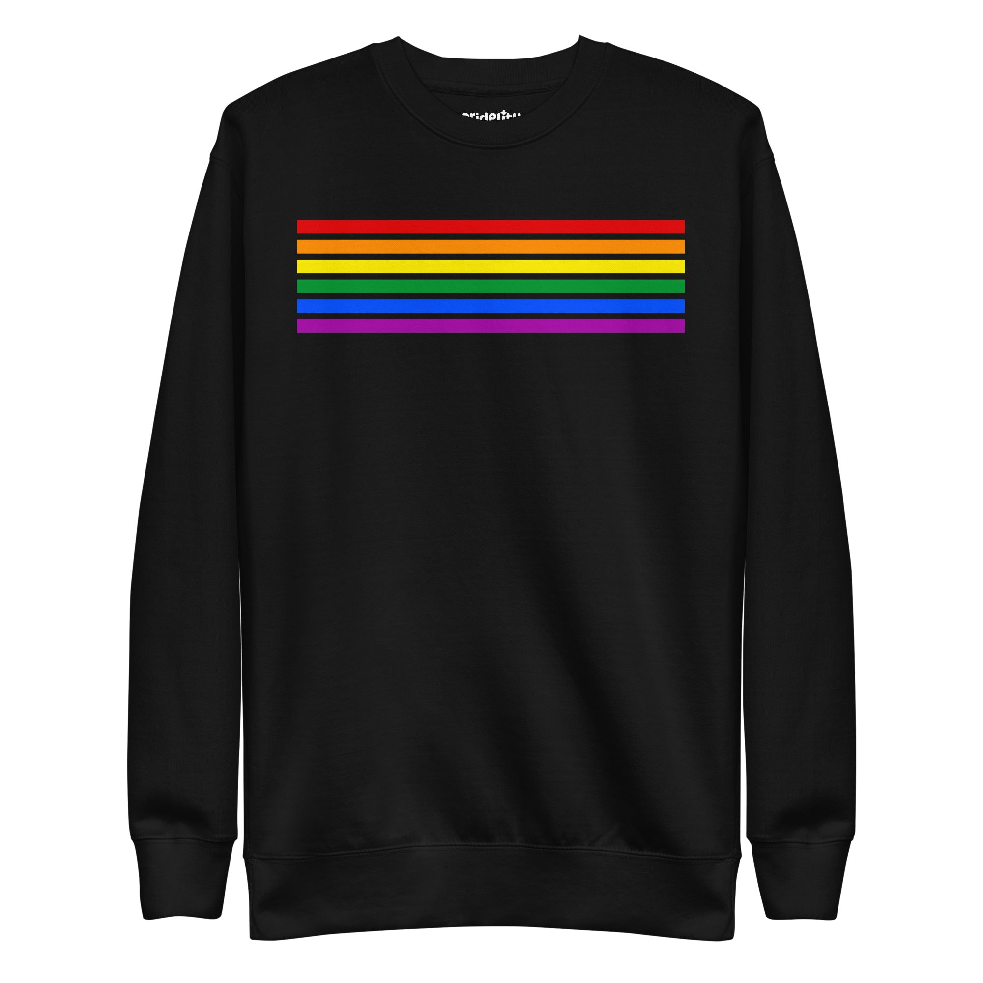 Carbon Grey Rainbow Stripes Sweatshirt by Pridelity, featuring vibrant horizontal stripes in red, orange, yellow, green, blue, and purple across the chest—a standout piece from our pride collection.