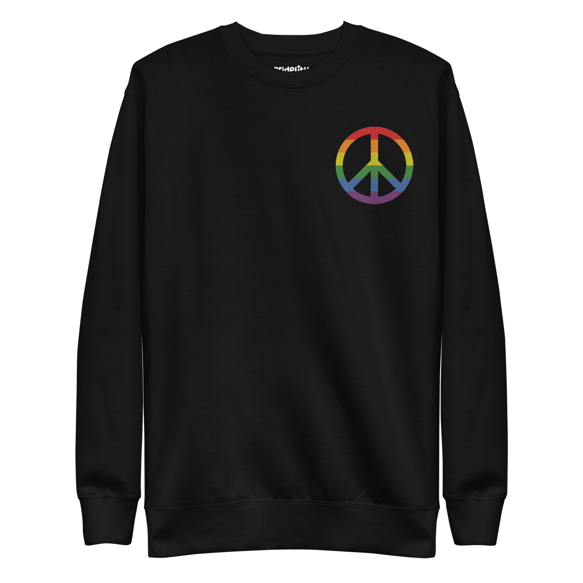 The Pridelity Peace Sweatshirt, a black piece from our pride collection, showcases a small, multicolored peace symbol on the upper left side. The rainbow colors embody diversity and peace. This essential pride garment is displayed flat against a white background.