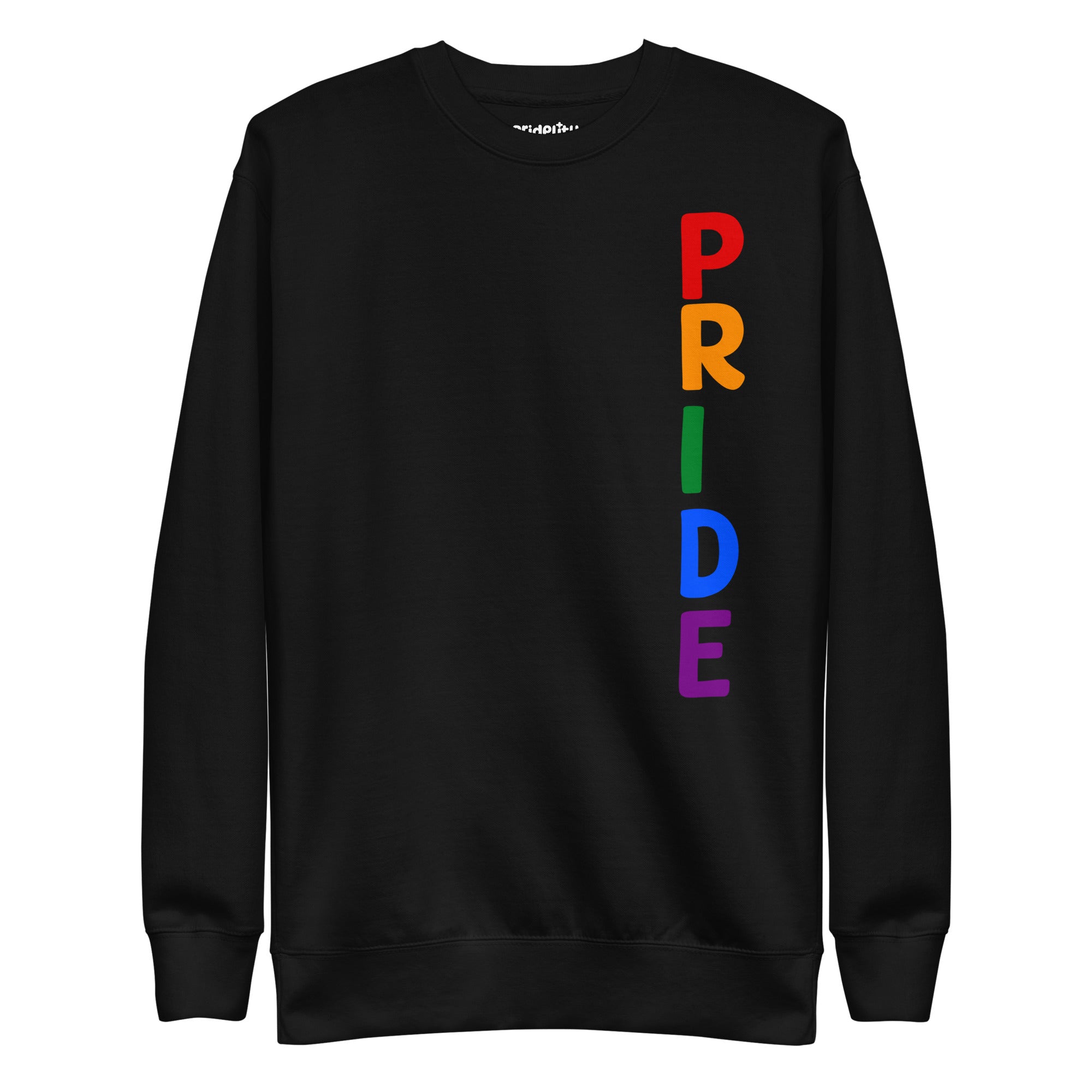 The Vertical Pride Sweatshirt by Pridelity is a white sweatshirt from the pride collection that proudly features the word 