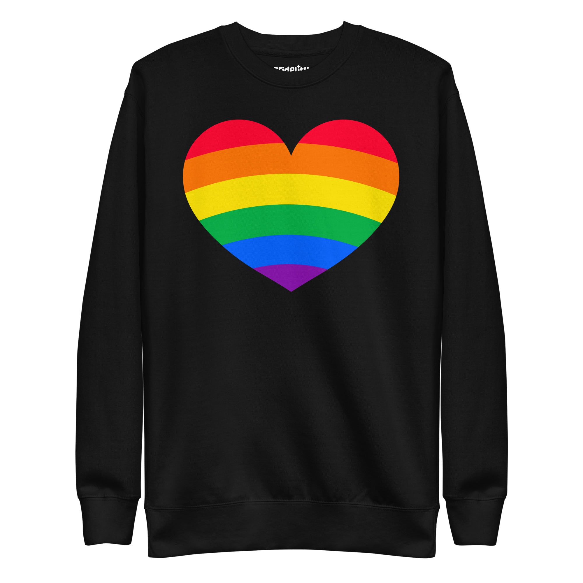 The Big Heart Sweatshirt by Pridelity from the Pride Collection showcases a large heart design with rainbow stripes, symbolizing LGBTQ+ pride. This vibrant heart design beautifully contrasts with the gray fabric background.