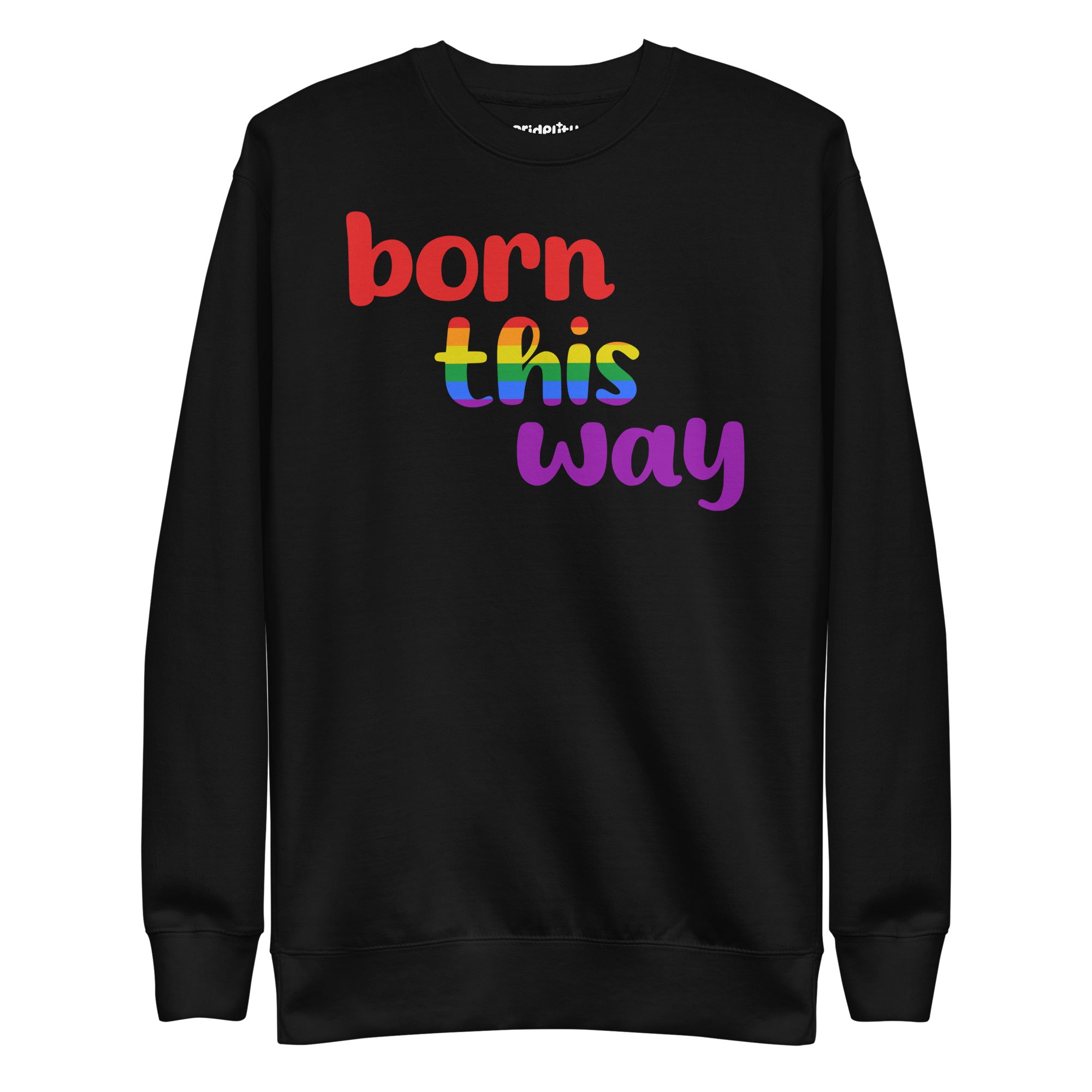 Pridelity's Born This Way Sweatshirt is black and features the phrase 