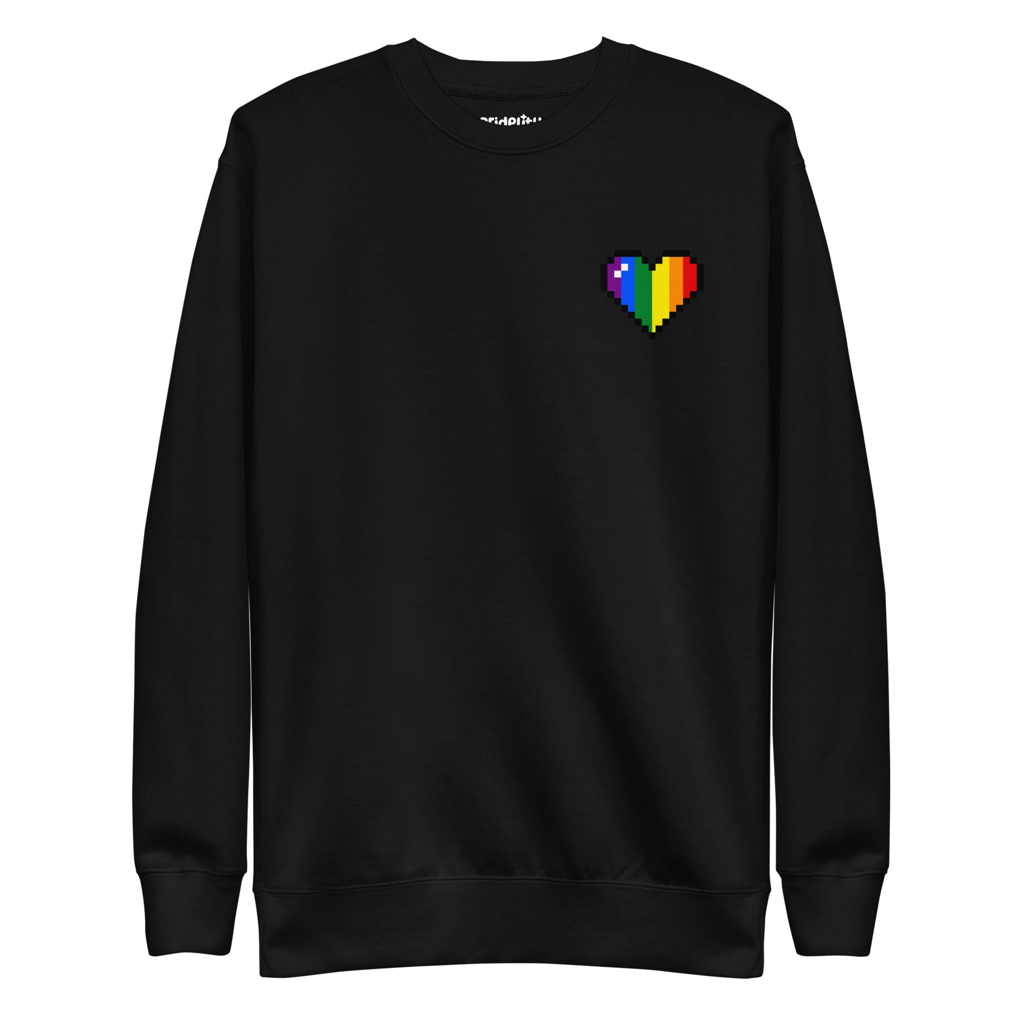 Check out the Pixel Heart Sweatshirt by Pridelity, a standout piece from our pride collection, decorated with a pixelated heart in bold rainbow hues on the left chest.