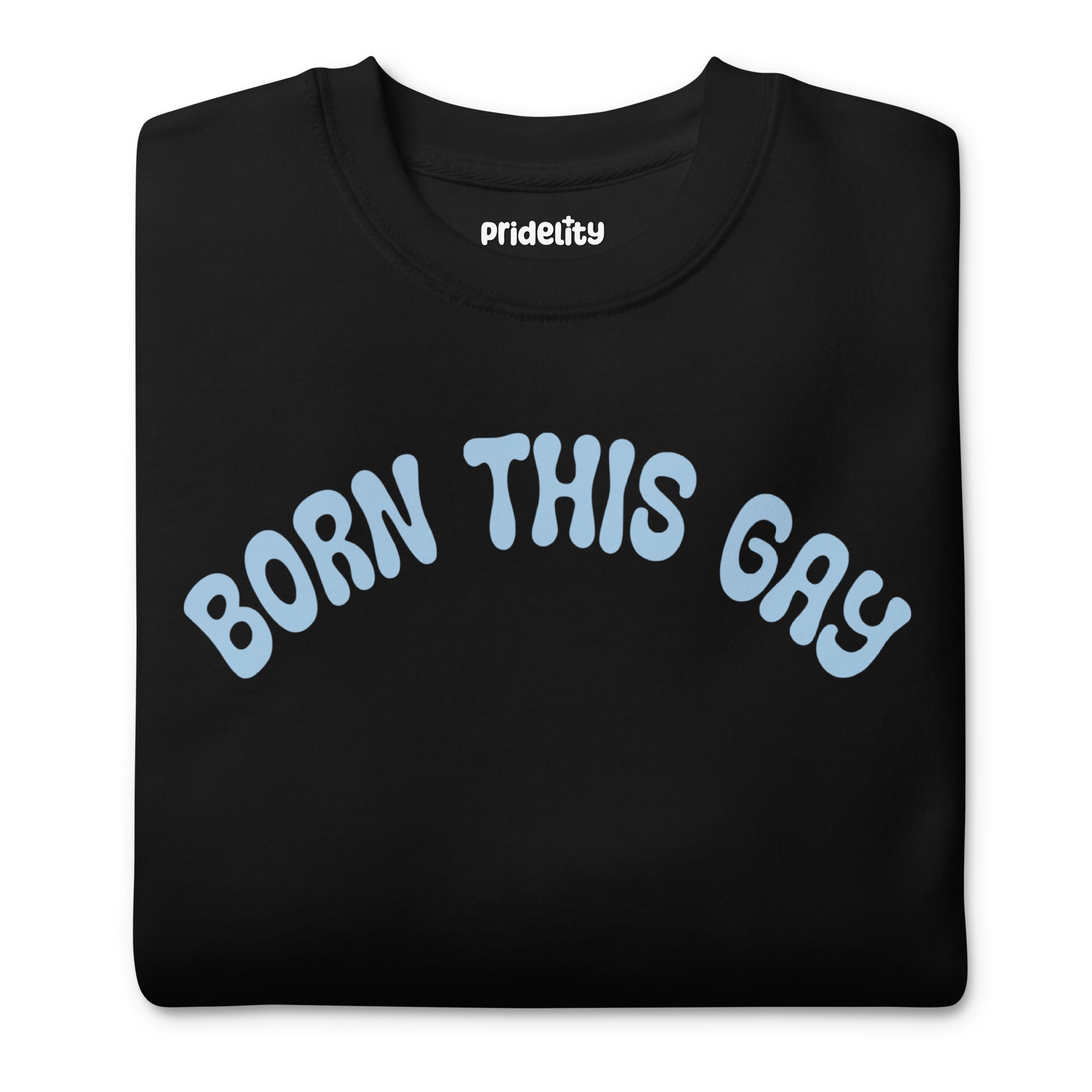 Introducing the **Born This Gay Sweatshirt** by Pridelity, a striking piece from our Pride Merch collection. This black sweatshirt proudly showcases the phrase 