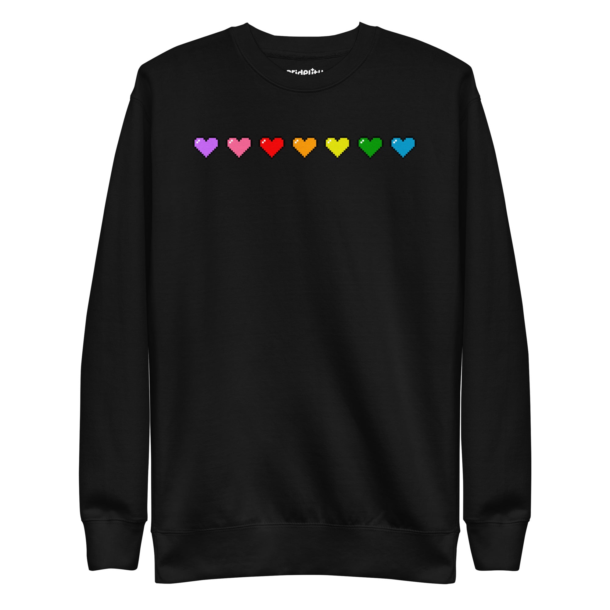 The Pixel Hearts Sweatshirt by Pridelity showcases a series of eight pixelated hearts in lively pride hues—purple, pink, red, orange, yellow, green, blue, and teal—across the chest on a carbon grey backdrop.