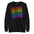 Introducing the Pridelity Loud & Proud Sweatshirt, a white garment adorned with "Loud & Proud" repeated five times in a striking rainbow gradient of red, orange, yellow, green, and blue—ideal for enthusiasts of bold and colorful fashion.