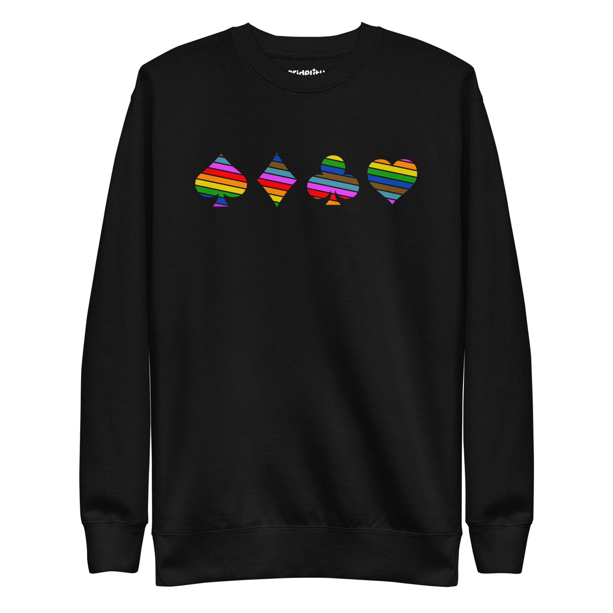 The white Deck Of Pride Sweatshirt by Pridelity showcases vibrant, rainbow-colored playing card suit symbols—spade, diamond, club, and heart—across the chest. This lively piece is a perfect addition to any Pride Collection, celebrating love and diversity with each wear.