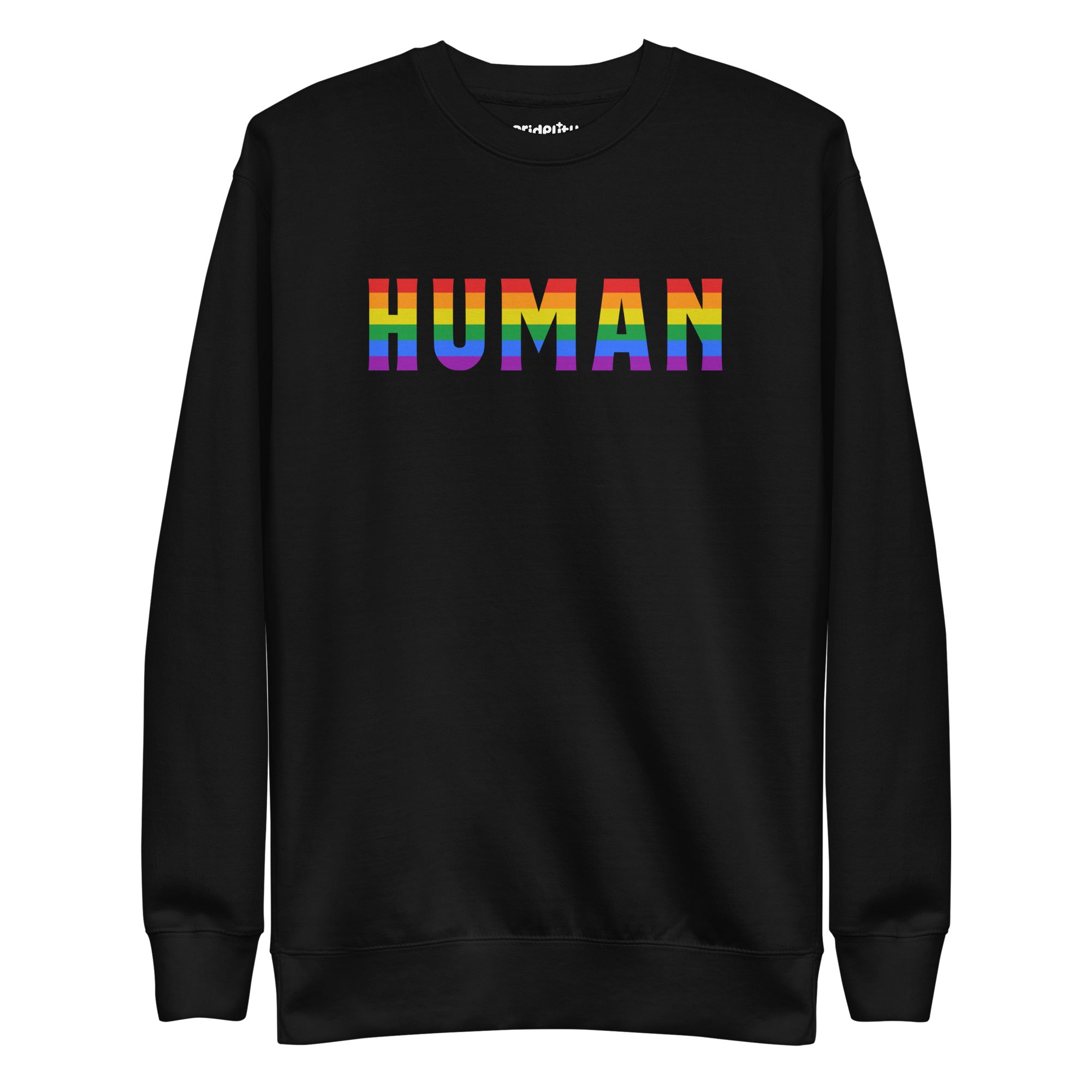 The Pridelity Human Sweatshirt features the word 