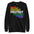 The Pridelity Protest Sweatshirt from the pride collection is a black sweatshirt that showcases "PROTEST" in a vibrant descending stack of colors: red, orange, yellow, white, green, and blue. Each instance of the word is mirrored upside down below it, making for a striking pride outfit.