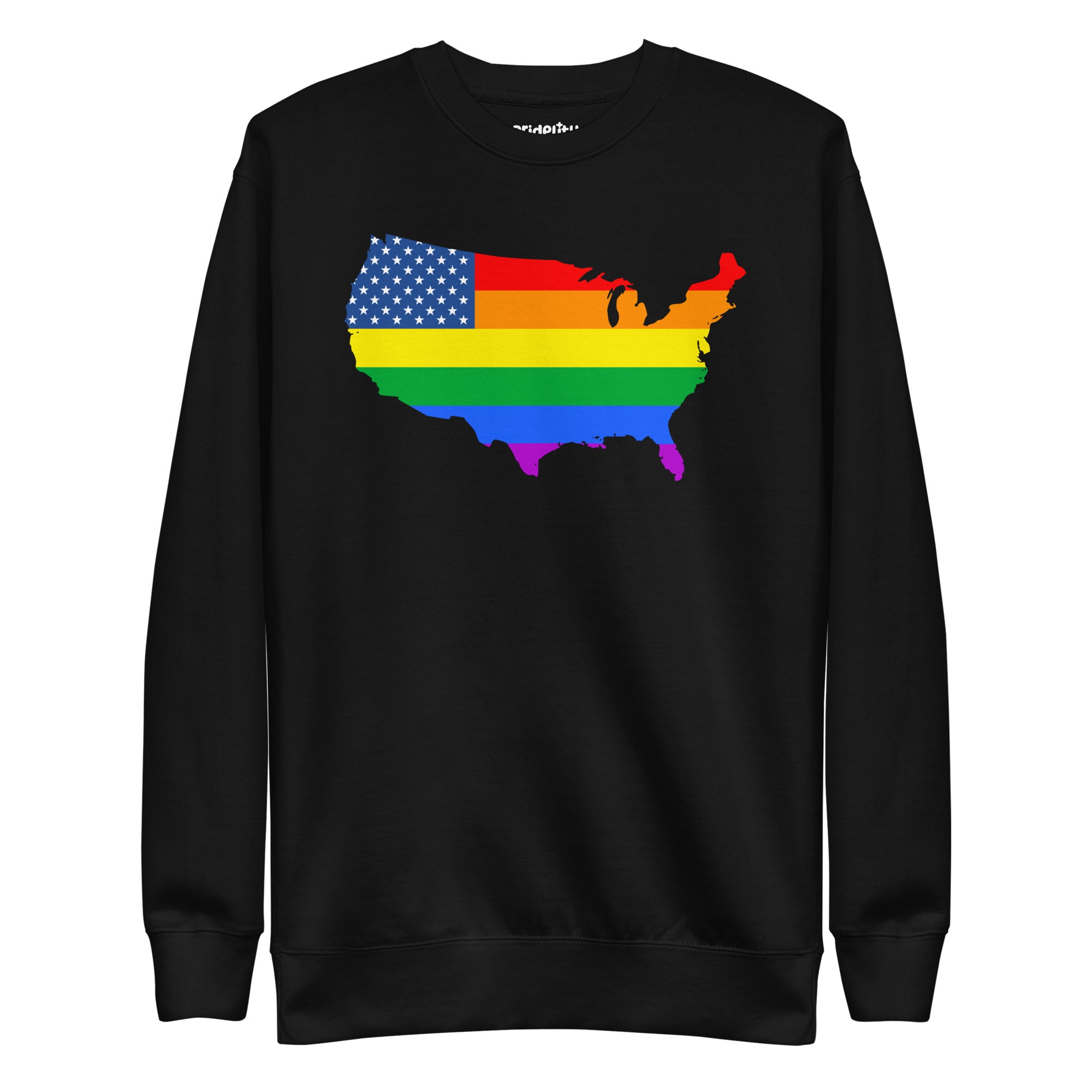 Introducing the US Map Pride Sweatshirt from Pridelity: a stylish black sweatshirt featuring a vibrant rainbow flag design overlaid on a graphic of the United States map. The top left corner highlights blue and white stars, reminiscent of the American flag, making it an ideal choice for anyone seeking fashionable pride apparel.