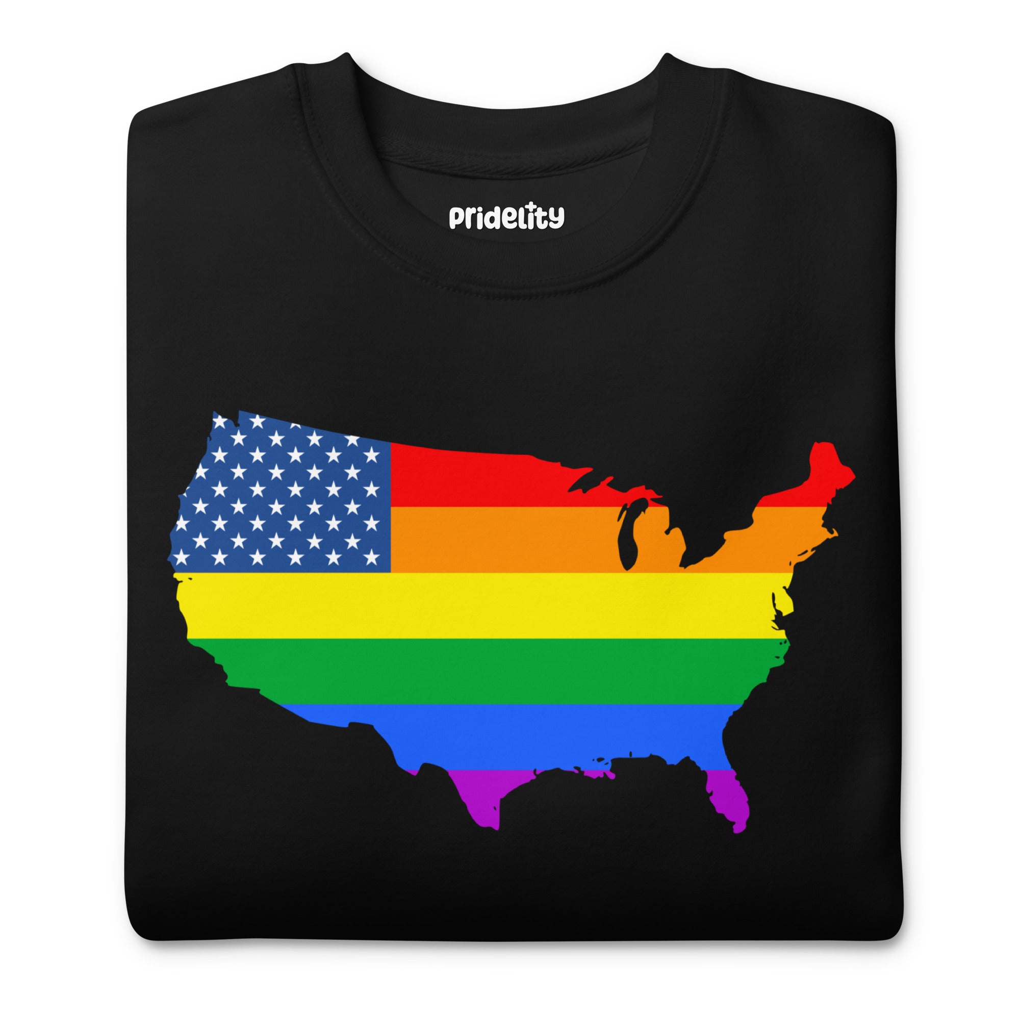 Introducing the US Map Pride Sweatshirt from Pridelity: a stylish black sweatshirt featuring a vibrant rainbow flag design overlaid on a graphic of the United States map. The top left corner highlights blue and white stars, reminiscent of the American flag, making it an ideal choice for anyone seeking fashionable pride apparel.