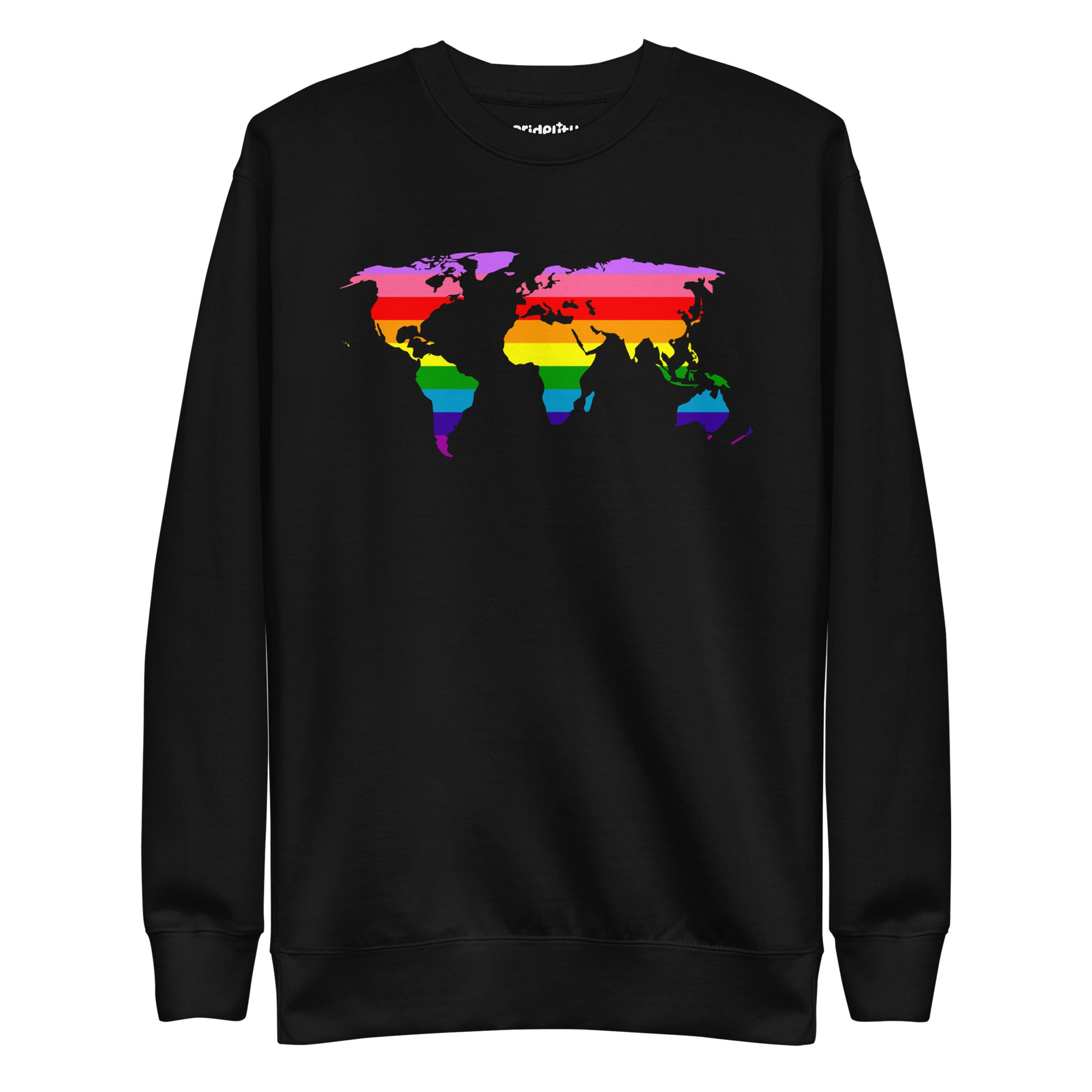 Introducing the World Pride Sweatshirt from Pridelity—a black sweatshirt that showcases a striking world map design in rainbow colors across the chest, celebrating LGBTQ+ pride.