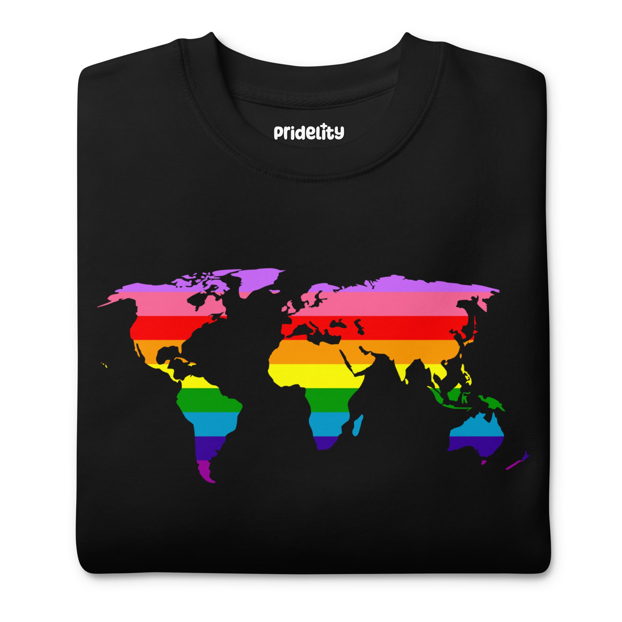 Introducing the World Pride Sweatshirt from Pridelity—a black sweatshirt that showcases a striking world map design in rainbow colors across the chest, celebrating LGBTQ+ pride.