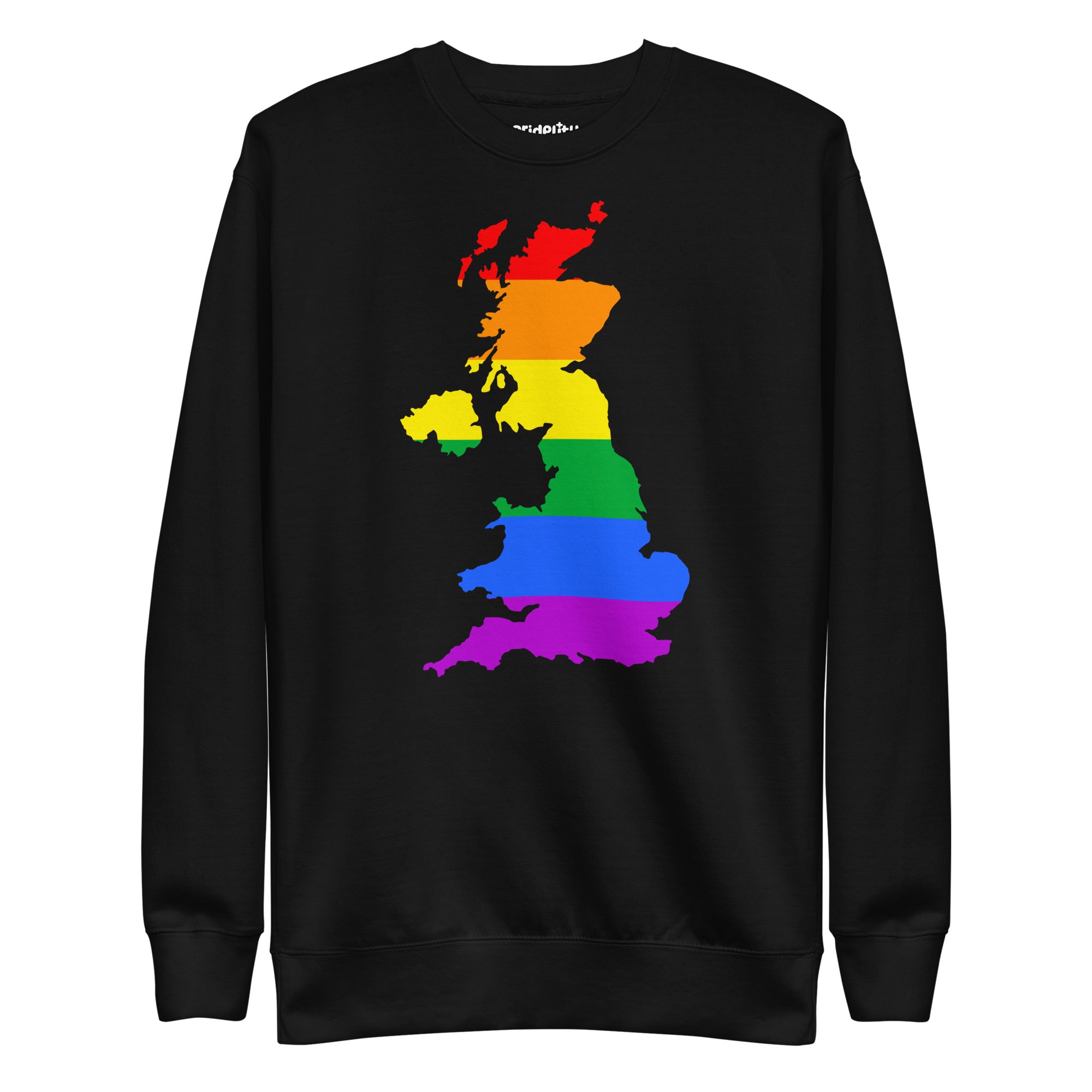 Introducing the British Isles Pride Sweatshirt from Pridelity's Pride Collection: a stylish black sweatshirt featuring an outline of Great Britain adorned with vibrant rainbow stripes in celebration of the LGBTQ+ pride flag.