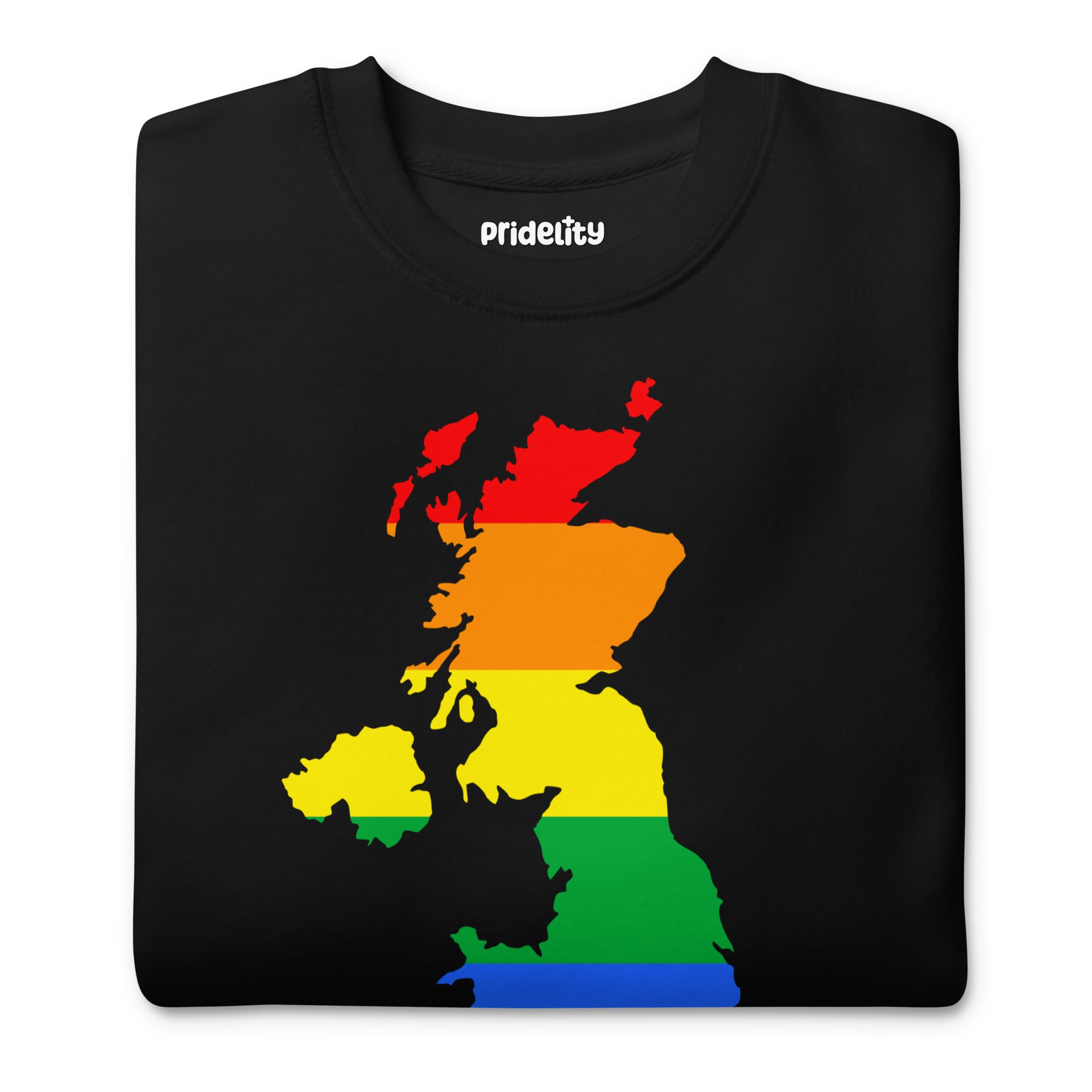 Introducing the British Isles Pride Sweatshirt from Pridelity's Pride Collection: a stylish black sweatshirt featuring an outline of Great Britain adorned with vibrant rainbow stripes in celebration of the LGBTQ+ pride flag.