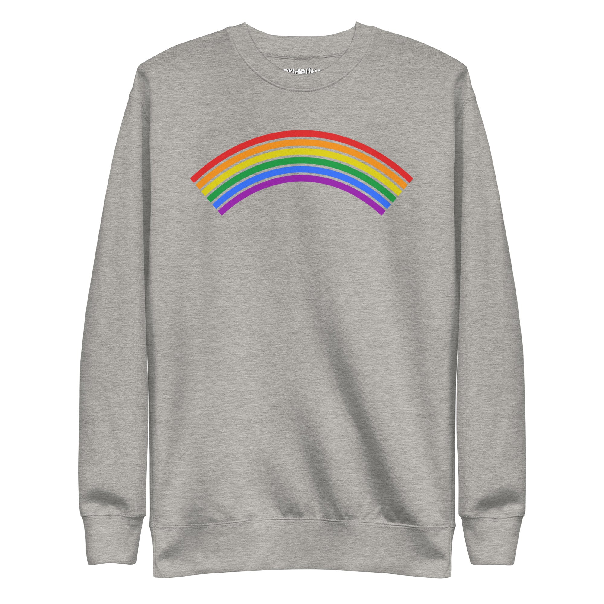 Black Rainbow Sweatshirt by Pridelity from the pride collection, showcasing a vibrant rainbow graphic on the front with red, orange, yellow, green, blue, and purple stripes.