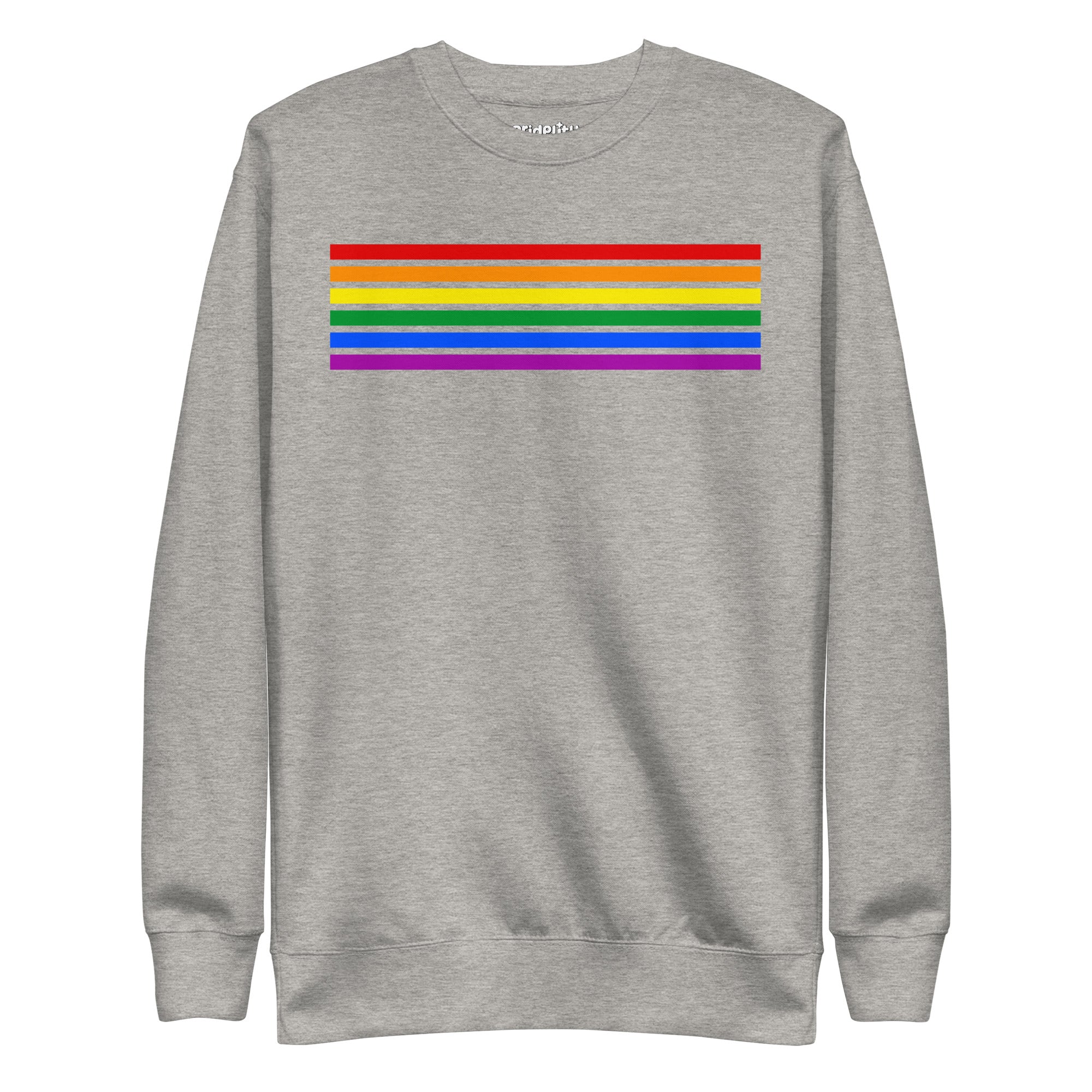 Carbon Grey Rainbow Stripes Sweatshirt by Pridelity, featuring vibrant horizontal stripes in red, orange, yellow, green, blue, and purple across the chest—a standout piece from our pride collection.