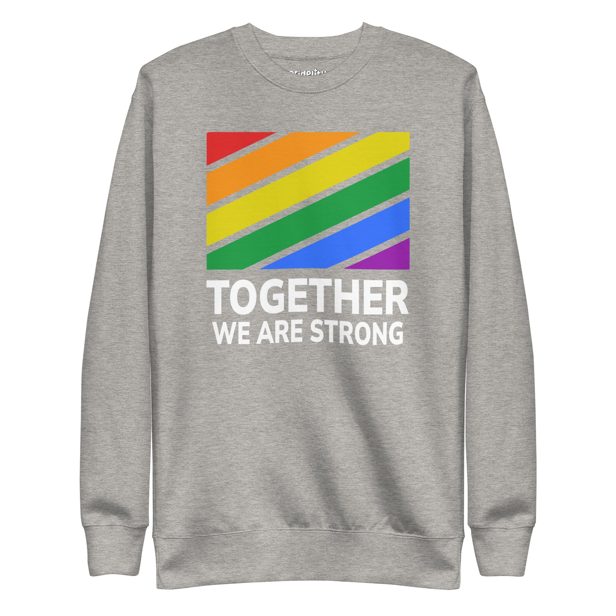 The black Together Sweatshirt from Pridelity's pride collection showcases a rainbow-colored design with diagonal stripes, beneath which the phrase 