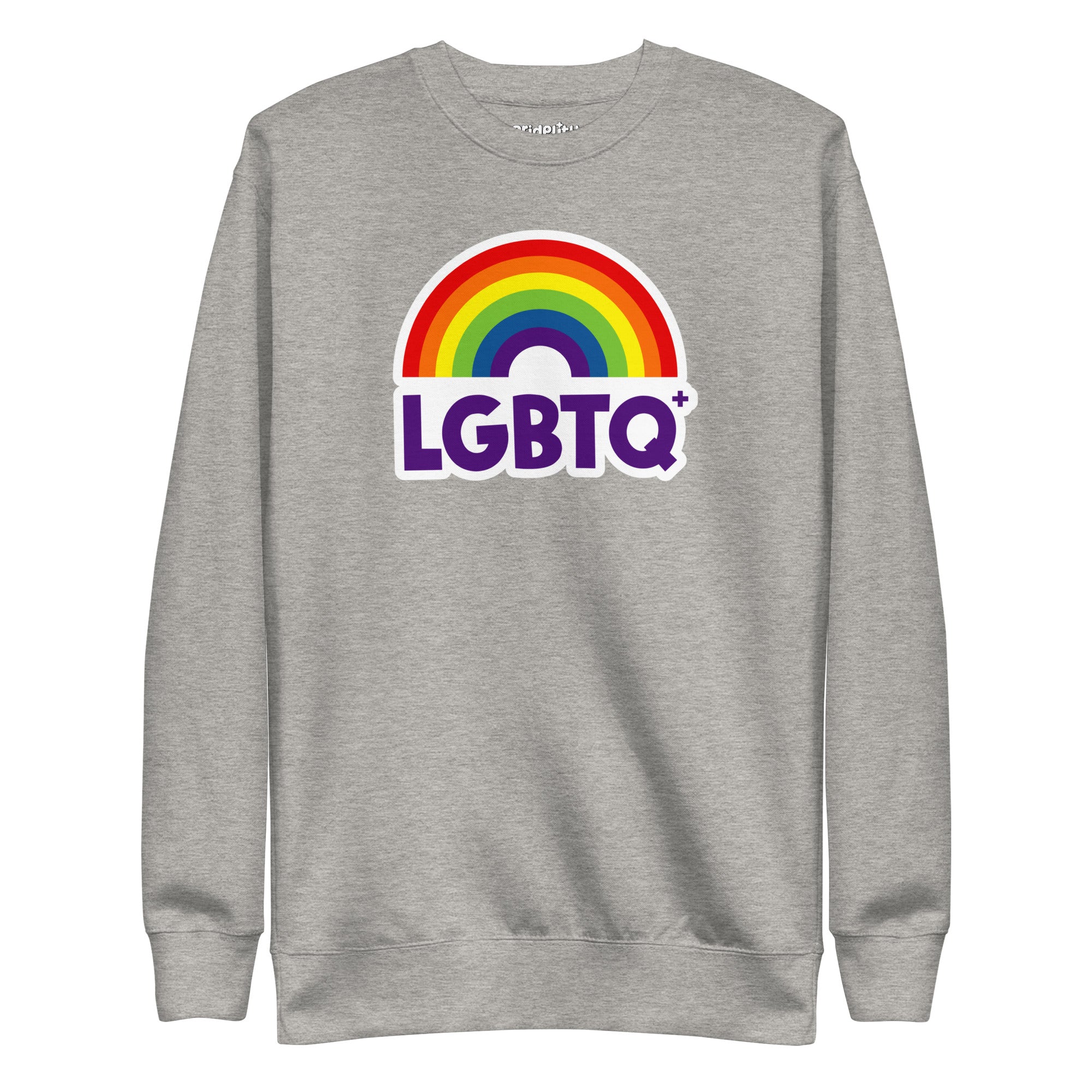 Introducing the Pridelity LGBTQ+ Sweatshirt in black, featuring a dynamic rainbow design with an arc and the word 