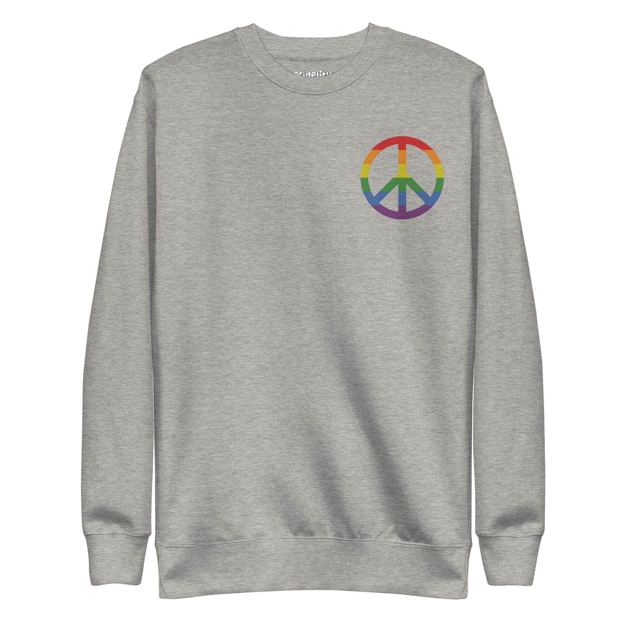 The Pridelity Peace Sweatshirt, a black piece from our pride collection, showcases a small, multicolored peace symbol on the upper left side. The rainbow colors embody diversity and peace. This essential pride garment is displayed flat against a white background.