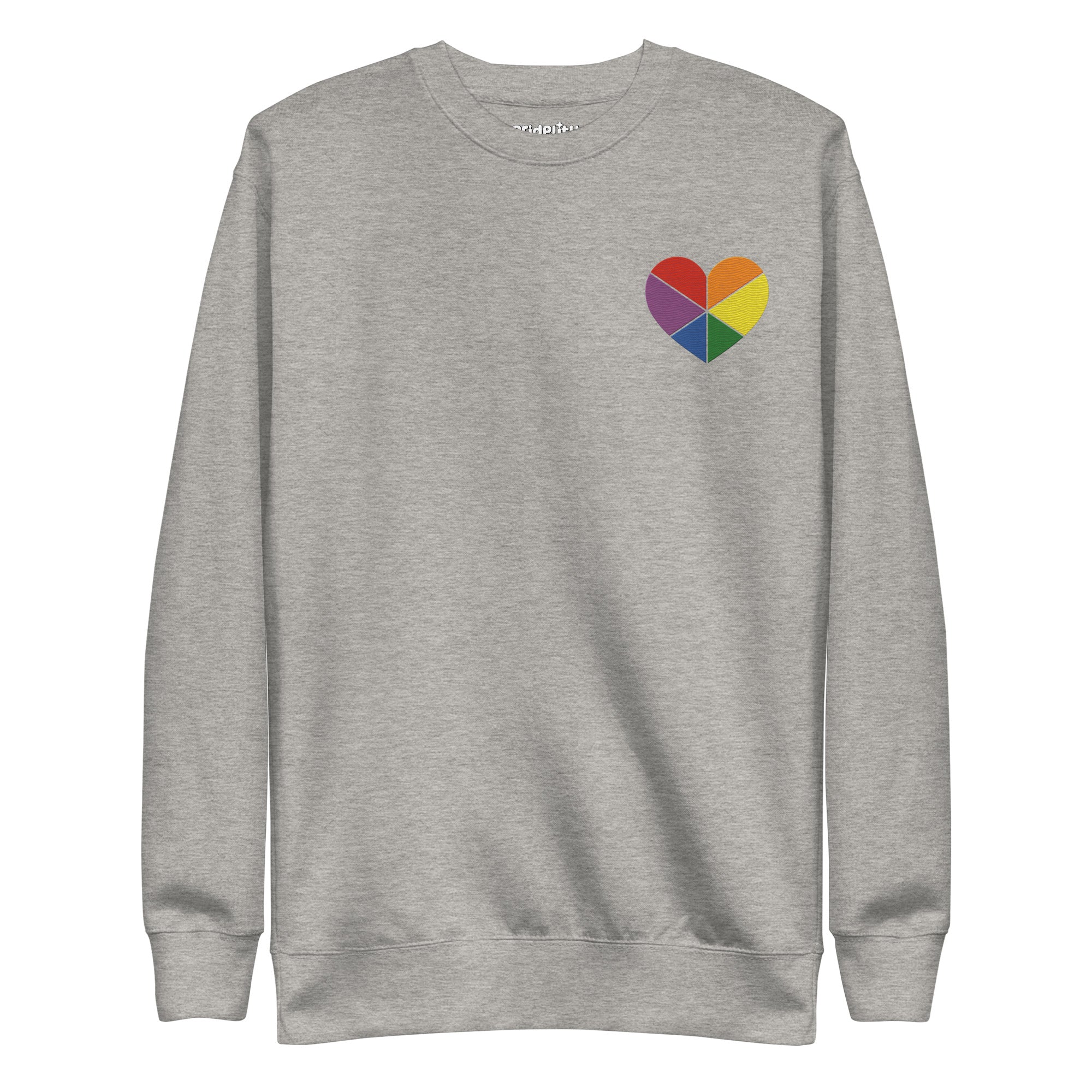 Introducing the Pride Heart Sweatshirt by Pridelity, a white sweatshirt from our pride collection. It showcases a small, multicolored heart graphic on the upper left chest. The heart is divided into sections with rainbow colors, making it an ideal staple for your pride outfit.