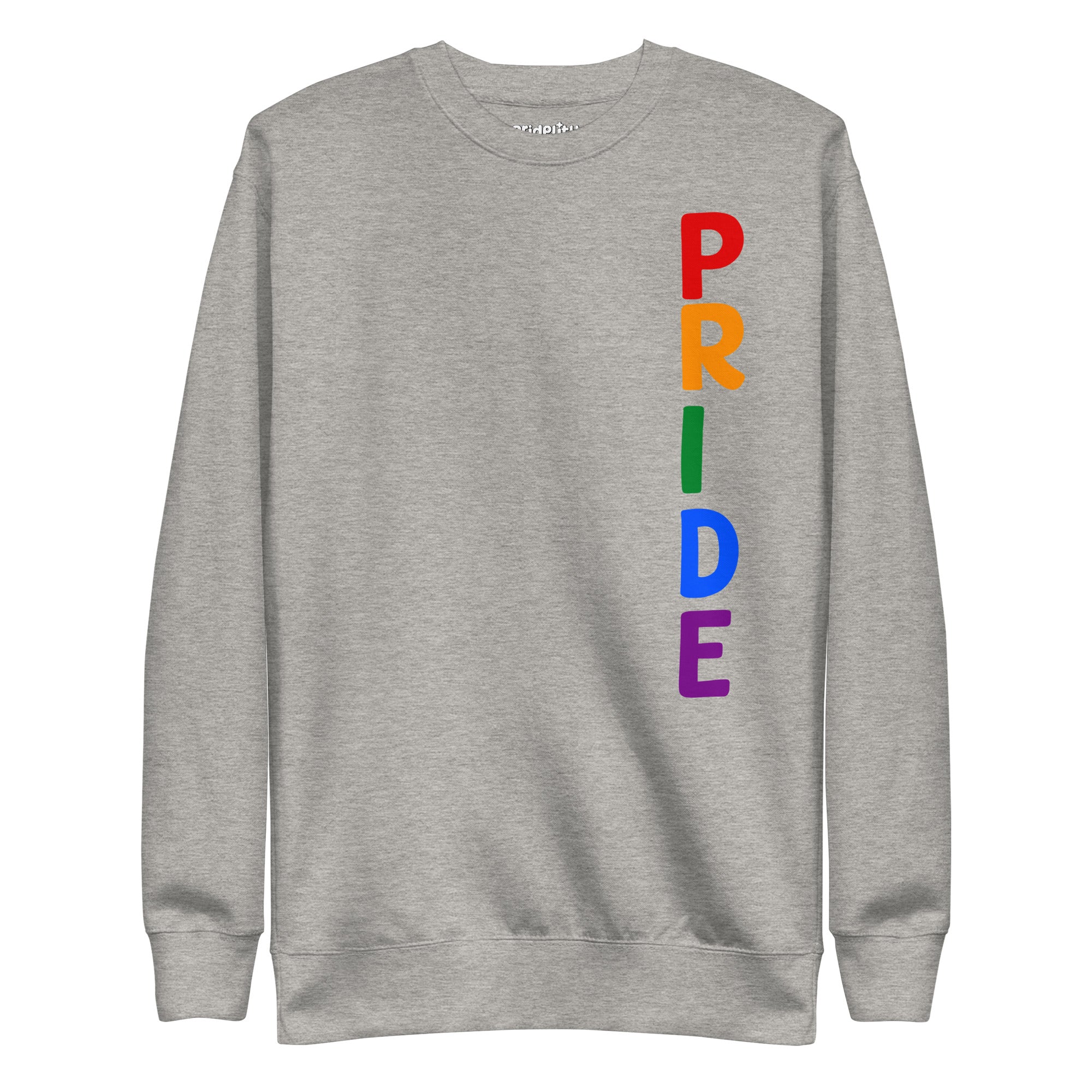 The Vertical Pride Sweatshirt by Pridelity is a white sweatshirt from the pride collection that proudly features the word 