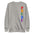 The Vertical Pride Sweatshirt by Pridelity is a white sweatshirt from the pride collection that proudly features the word "PRIDE" in vibrant rainbow colors, arranged vertically along the right side.