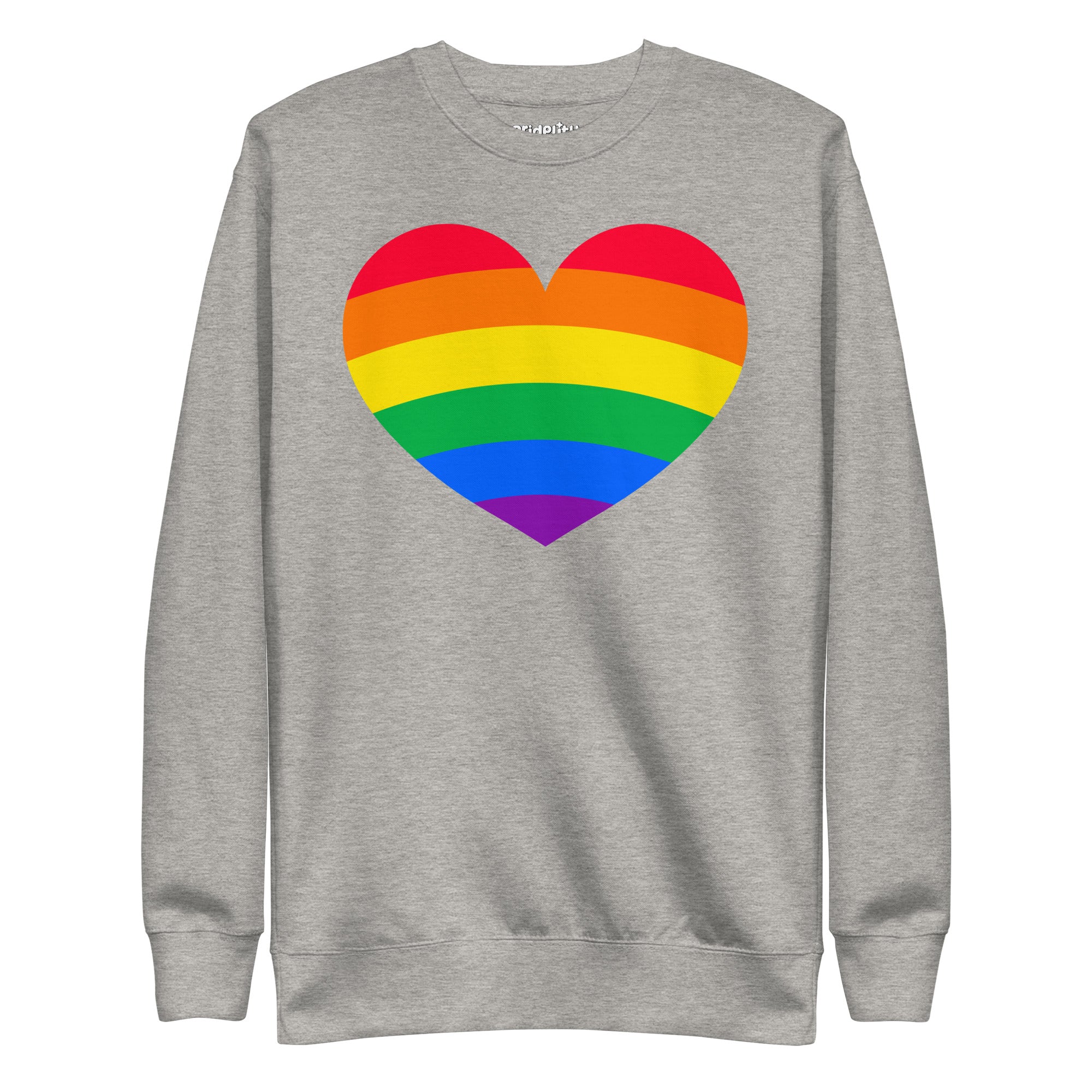 The Big Heart Sweatshirt by Pridelity from the Pride Collection showcases a large heart design with rainbow stripes, symbolizing LGBTQ+ pride. This vibrant heart design beautifully contrasts with the gray fabric background.