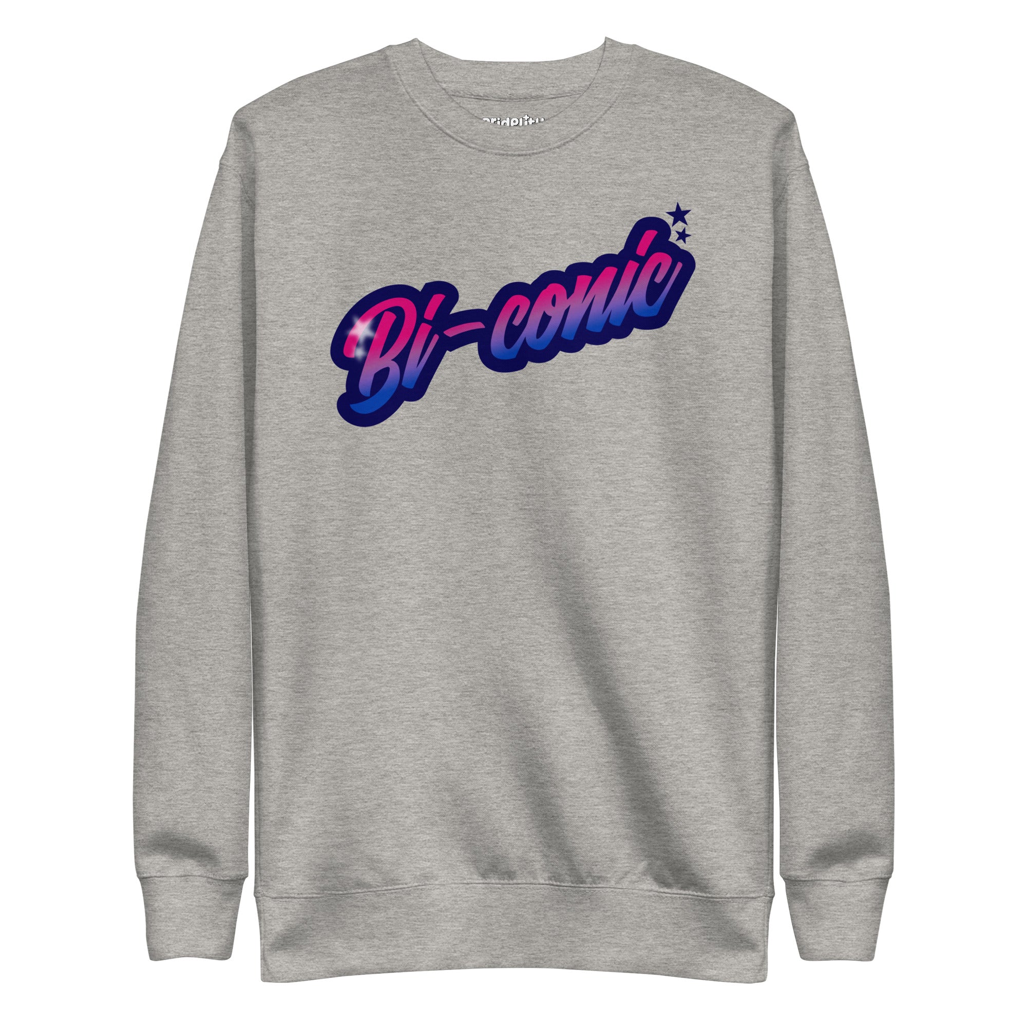 This exclusive Pride Merch piece, the Bi-Conic Sweatshirt by Pridelity, features a gray design with 